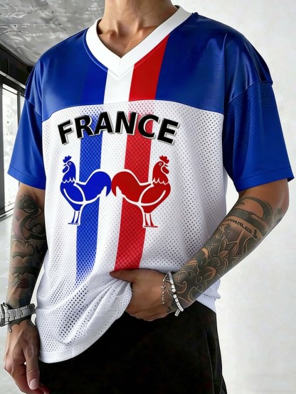 France Rooster & Flag Stripe Print Tee