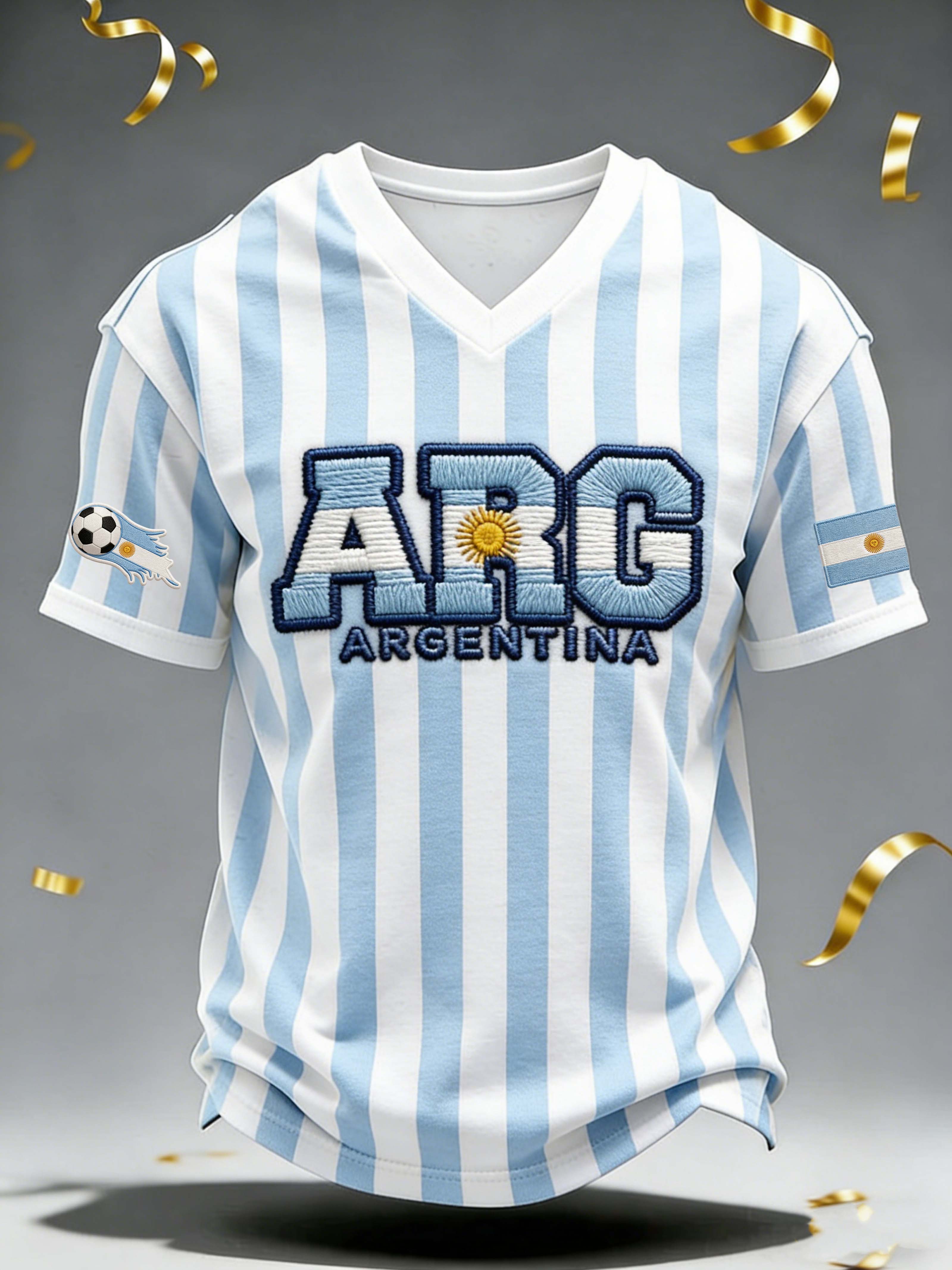 Argentina ARG Stripe V-Neck Casual Short Sleeve Top