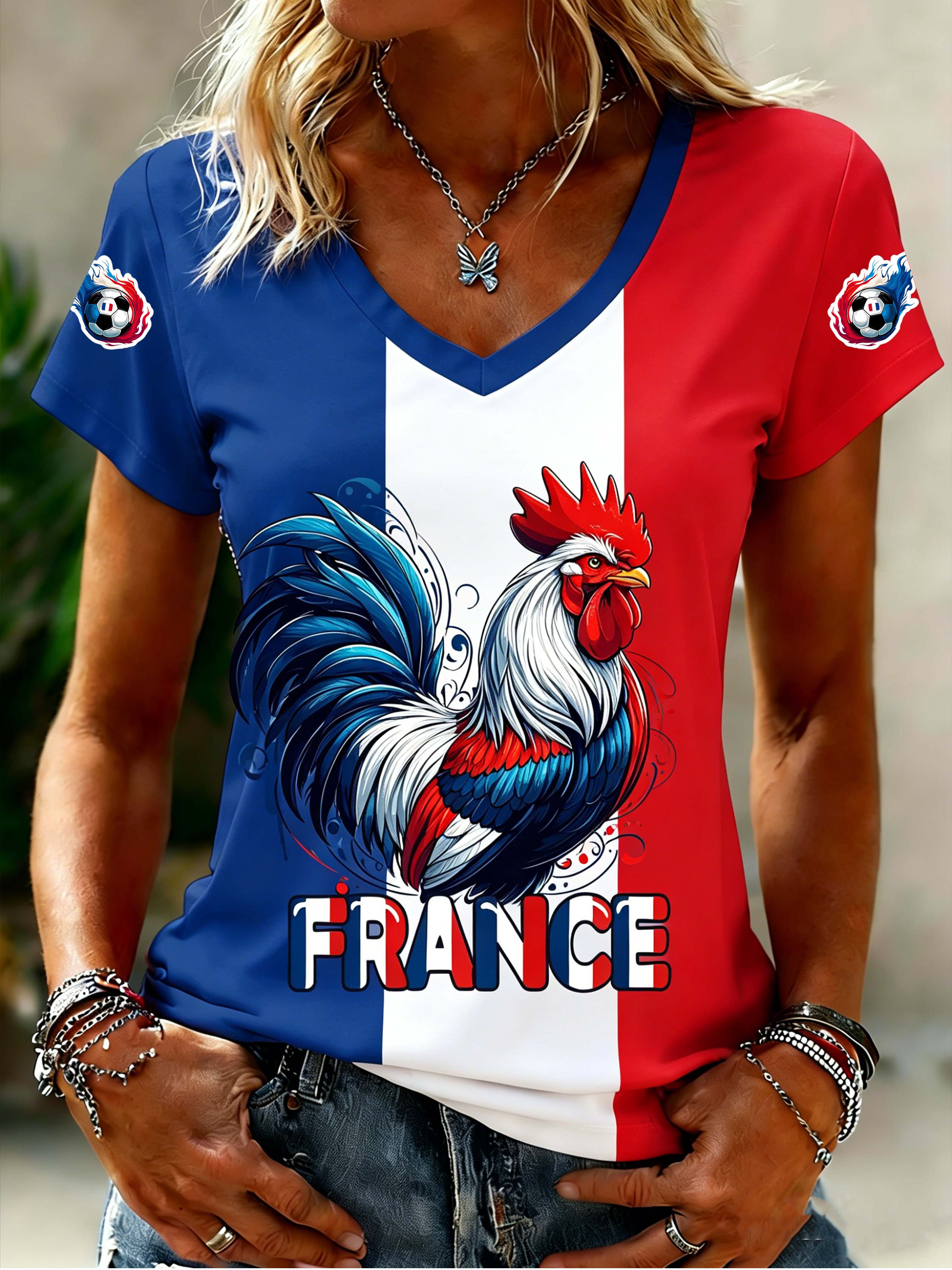 France Gallic Rooster Flag Women's V-Neck Casual T-Shirt