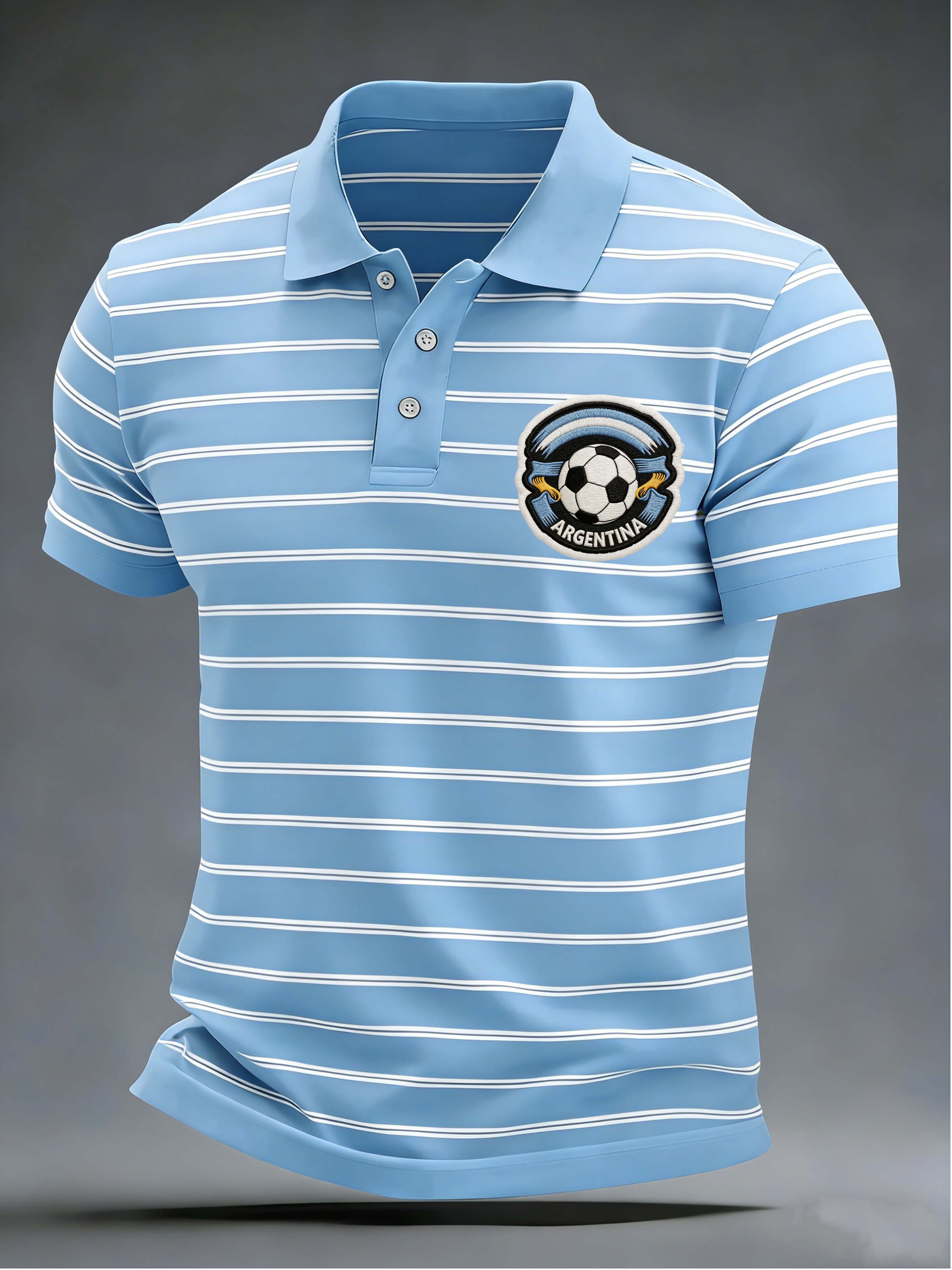 Argentina Football Badge Stripe Collared Polo Shirt