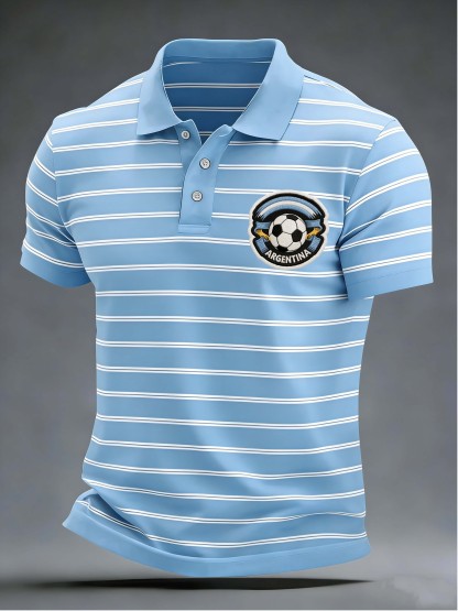 Argentina Football Badge Stripe Collared Polo Shirt