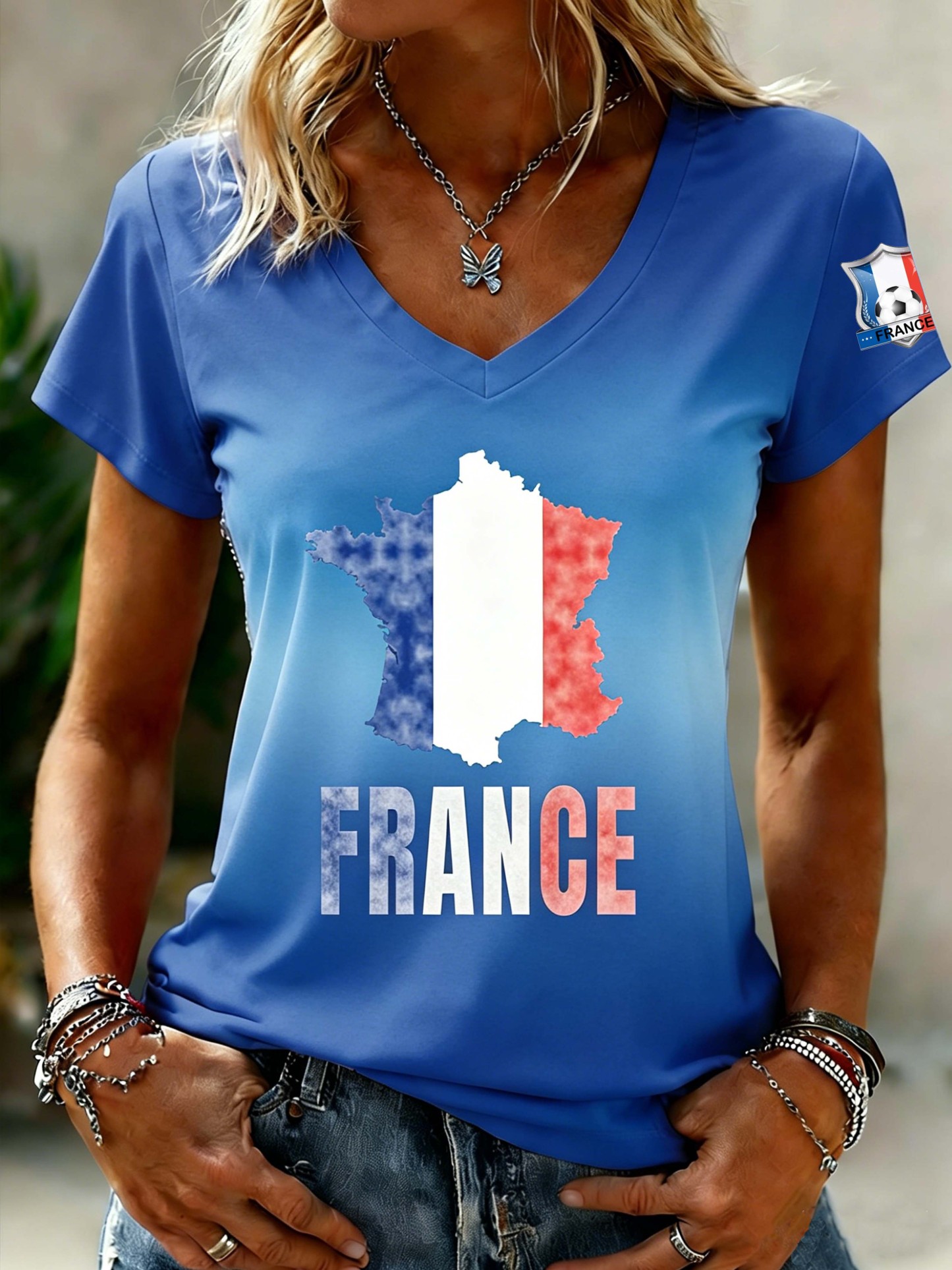 France Map Flag Gradient Women's V-Neck Casual T-Shirt