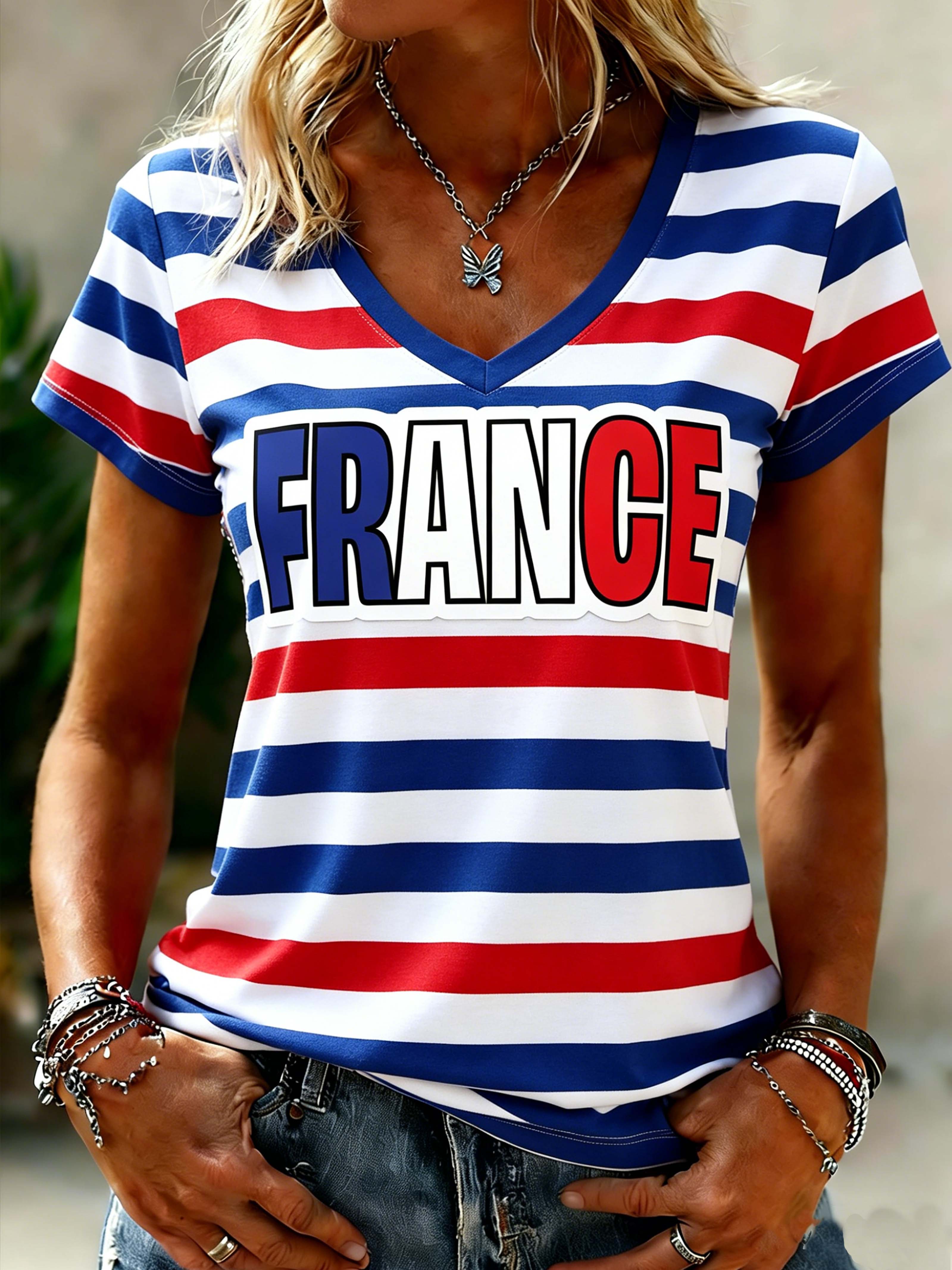 France Letter Stripe Women's V-Neck Casual T-Shirt