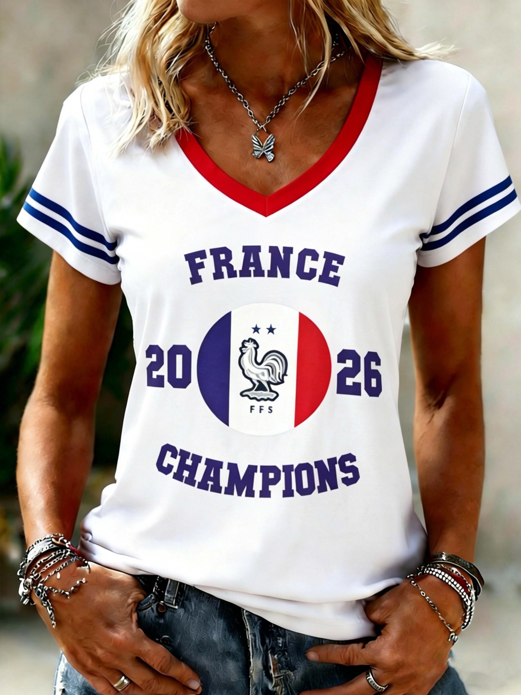 France 2026 Gallic Rooster Champions Women's V-Neck Casual T-Shirt