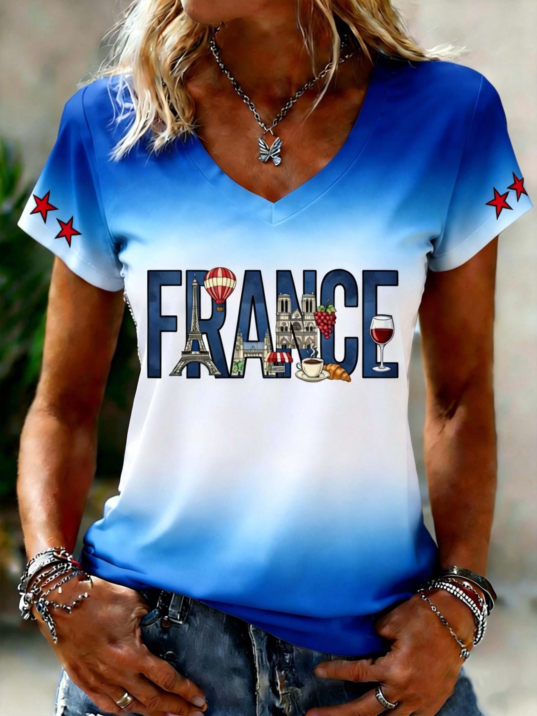 French football enthusiasts' gradient V-neck T-shirt for women.