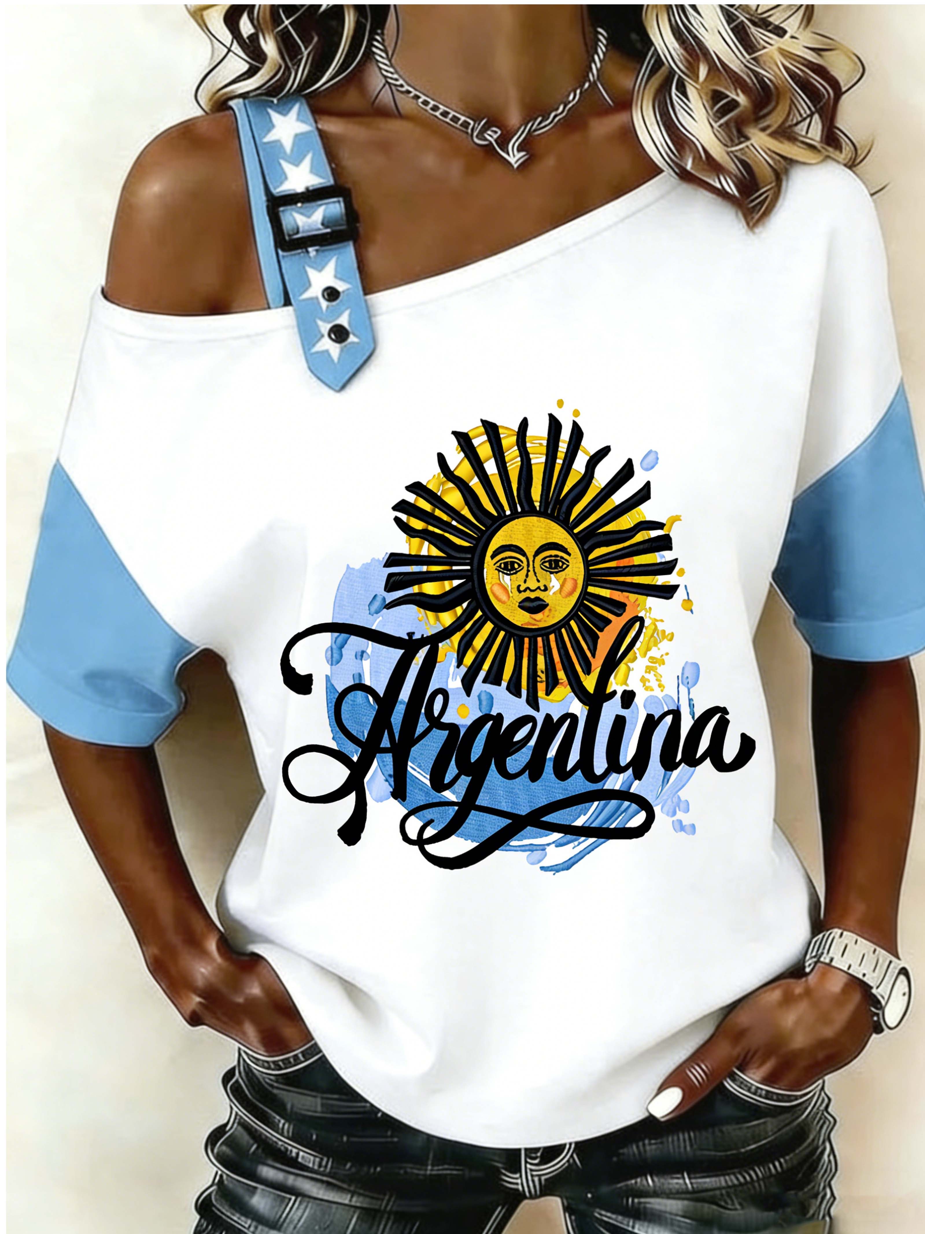 Argentina Sun of May Totem Cold Shoulder Color-Block Casual T-Shirt