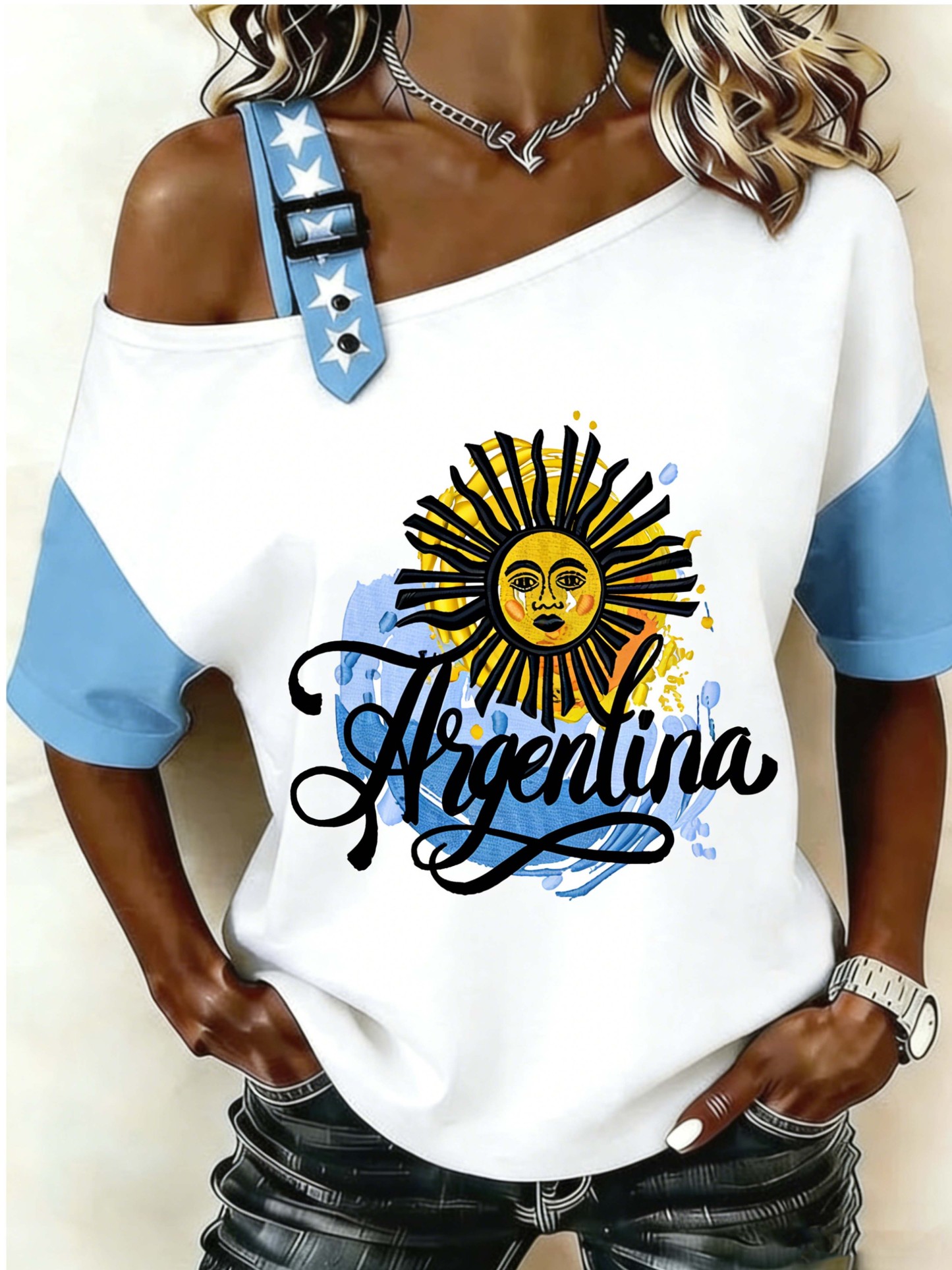 Argentina Sun of May Totem Cold Shoulder Color-Block Casual T-Shirt
