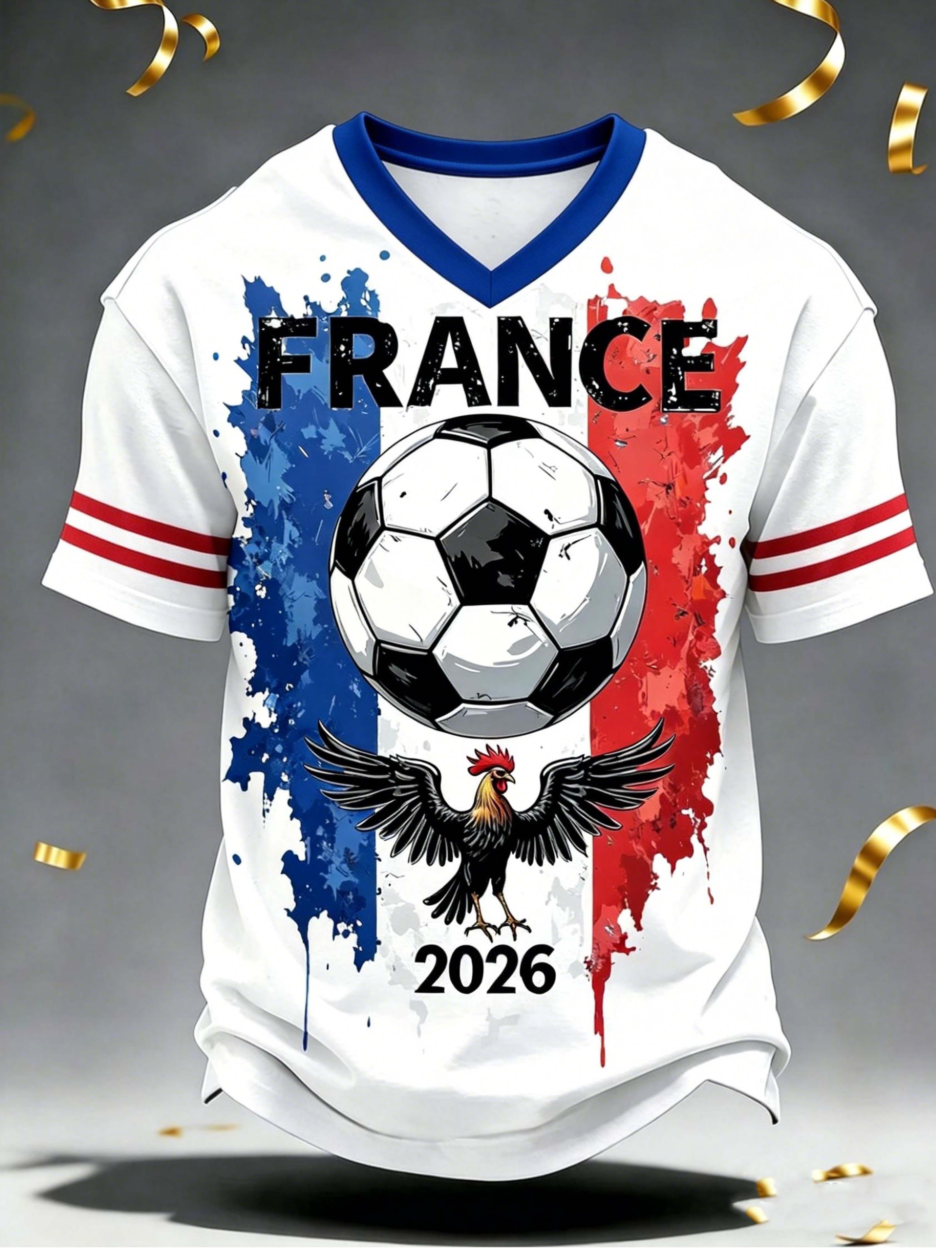 France 2026 Gallic Rooster Football  V-Neck Vintage Casual T-Shirt