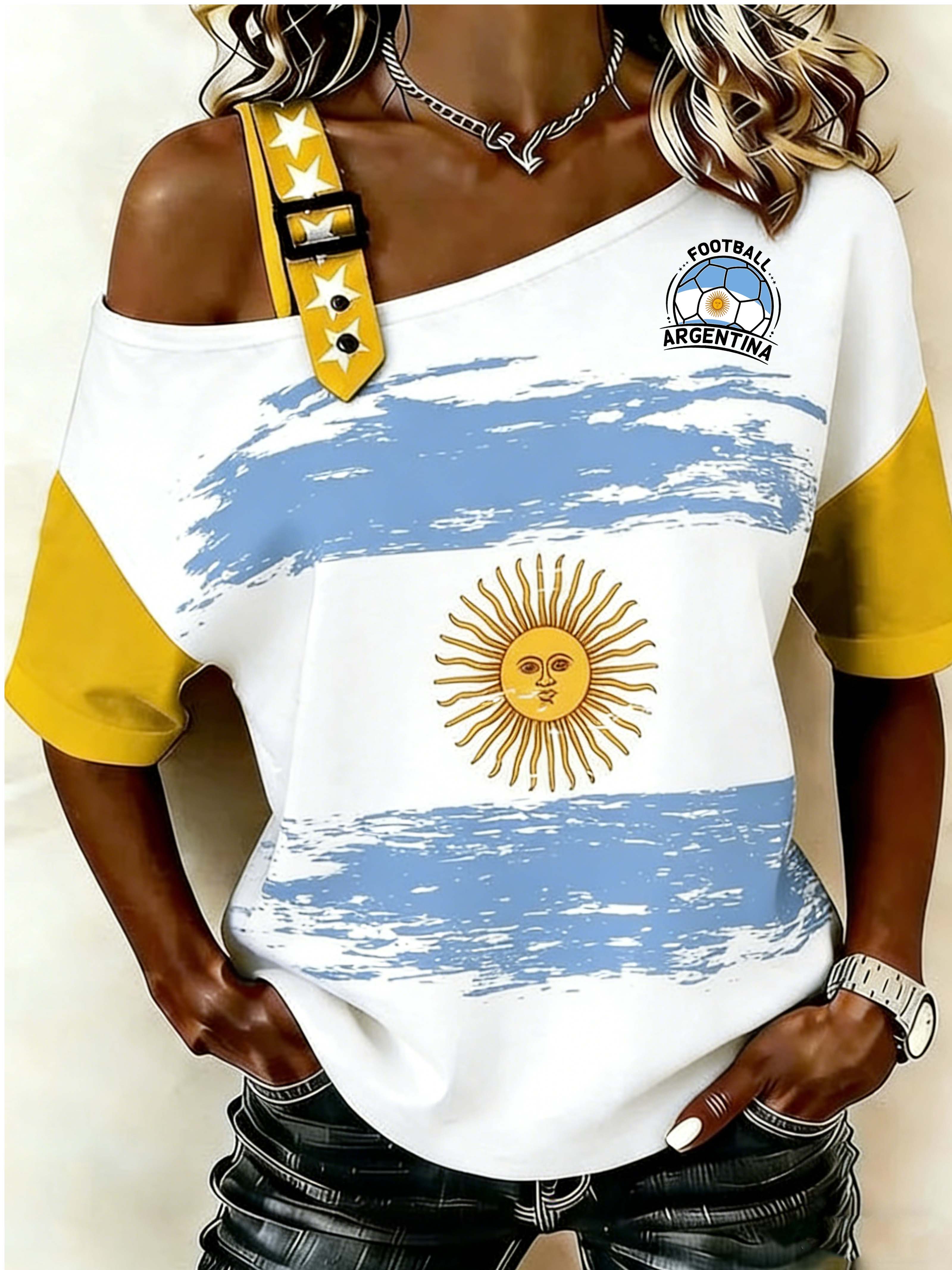 Argentina Sun of May Cold Shoulder Color-Block Football T-Shirt