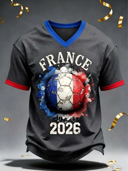 France 2026 Distressed Football V-Neck Vintage Casual T-Shirt
