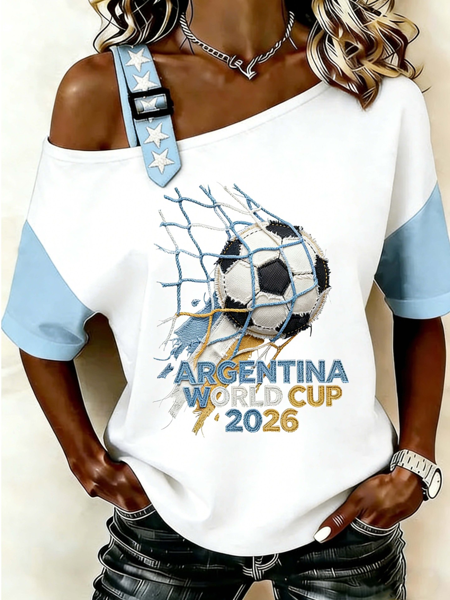 Argentina 2026 World Cup Cold Shoulder Football Net Graphic T-Shirt