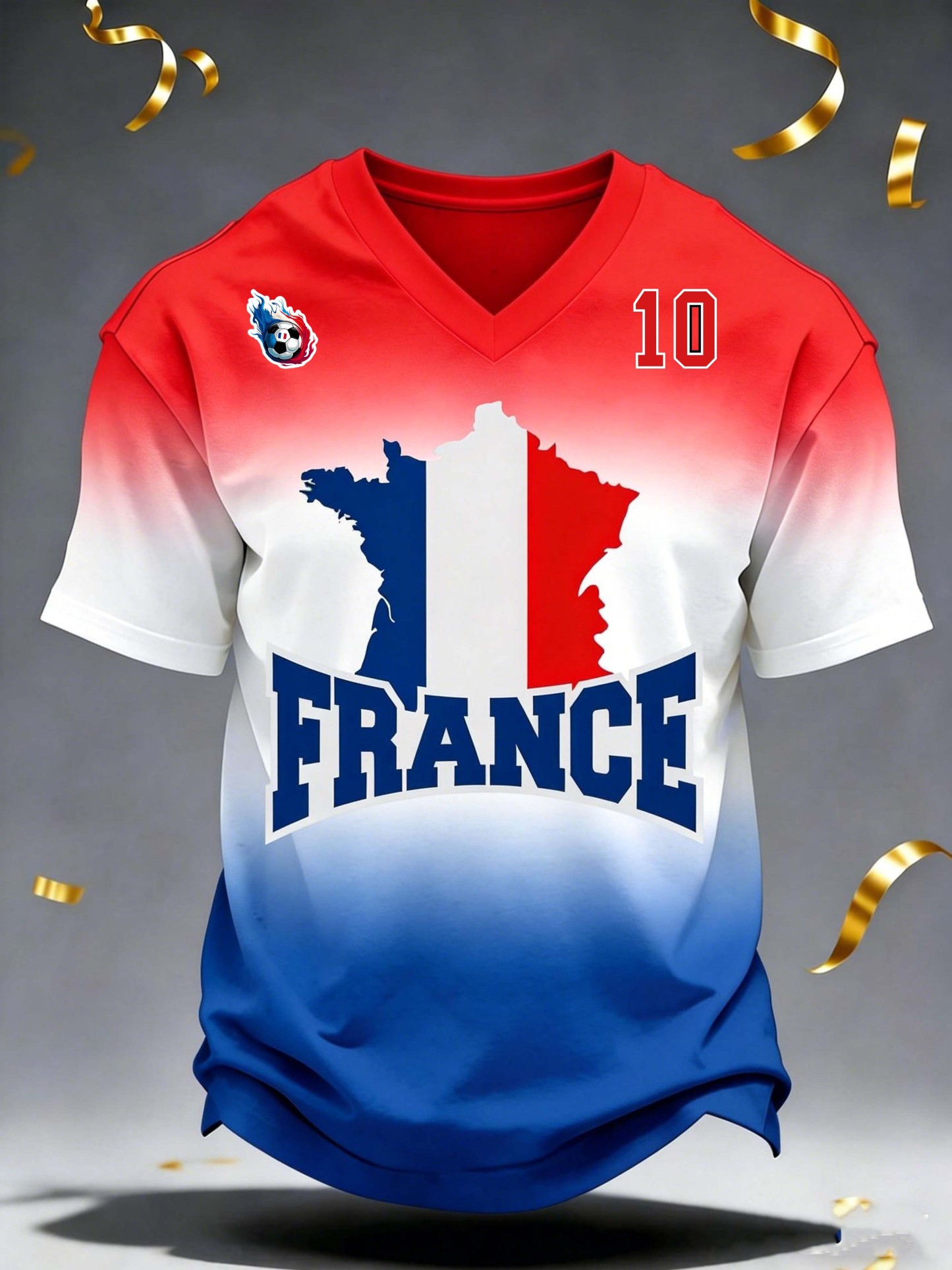 France No.10 Map Flag Gradient V-Neck Football T-Shirt