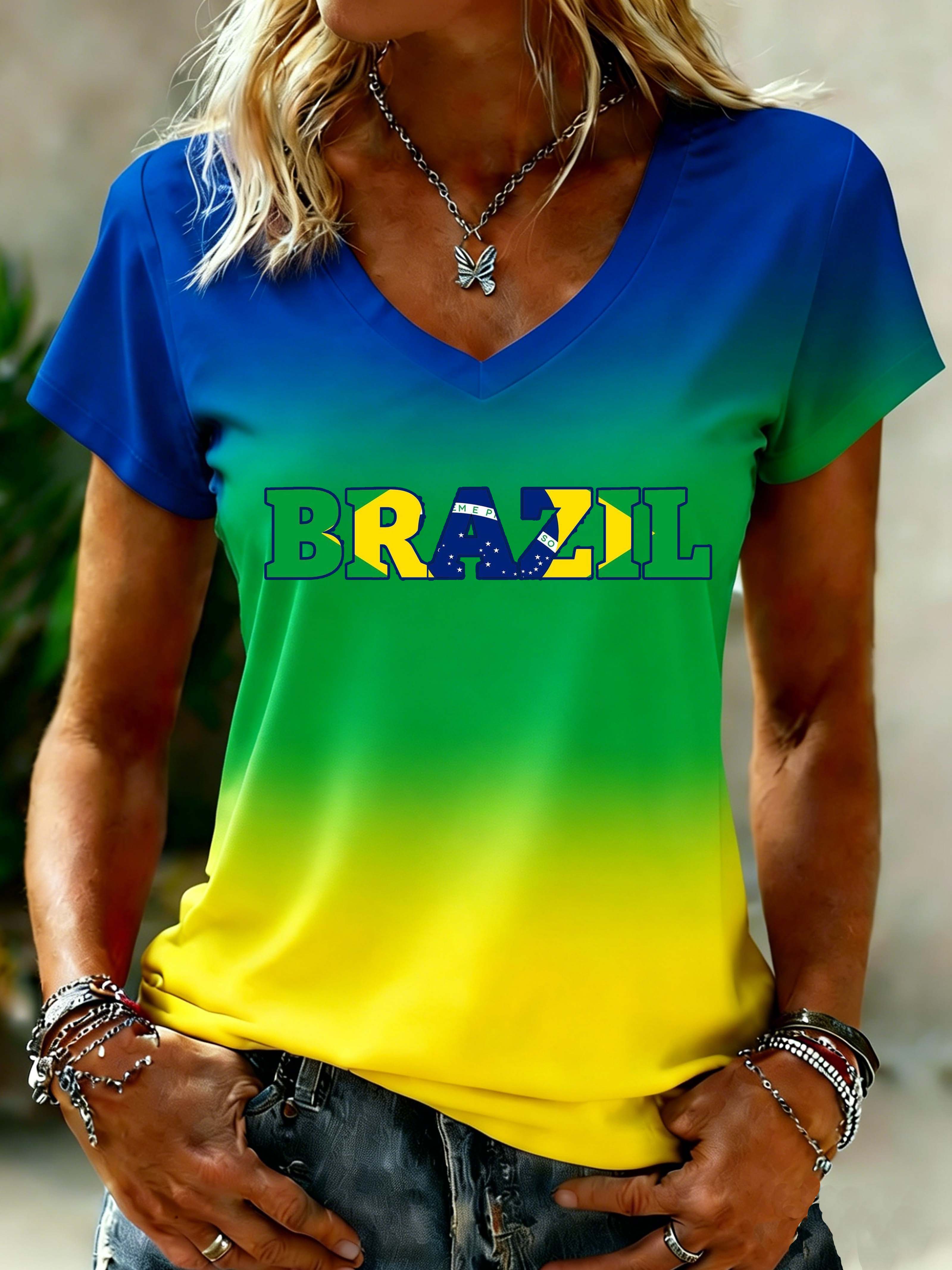 Brazil Gradient Letter V-Neck Casual Short Sleeve Top