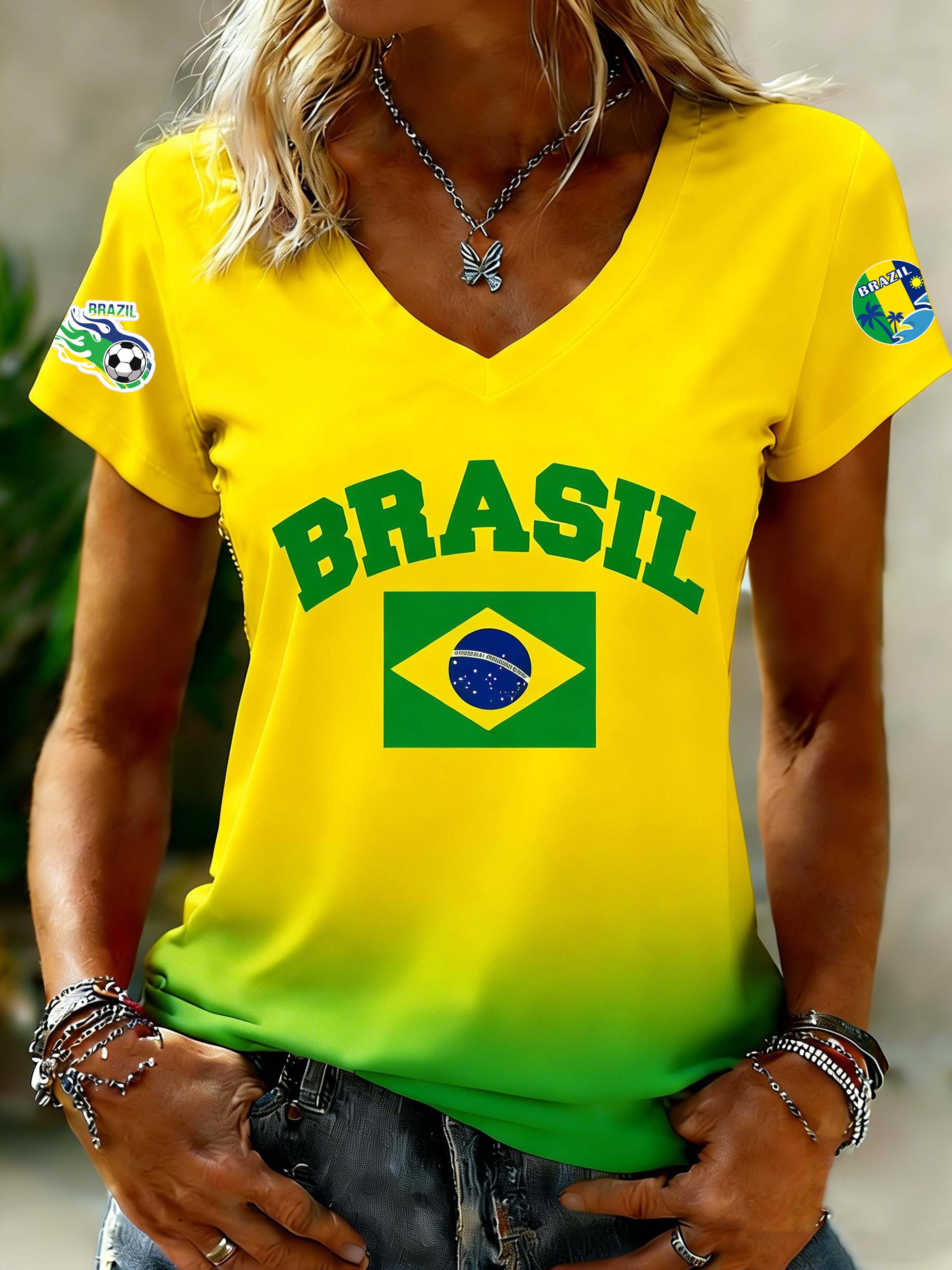 Brazil No.10 5-Star Badge Football Themed V-Neck Casual T-Shirt