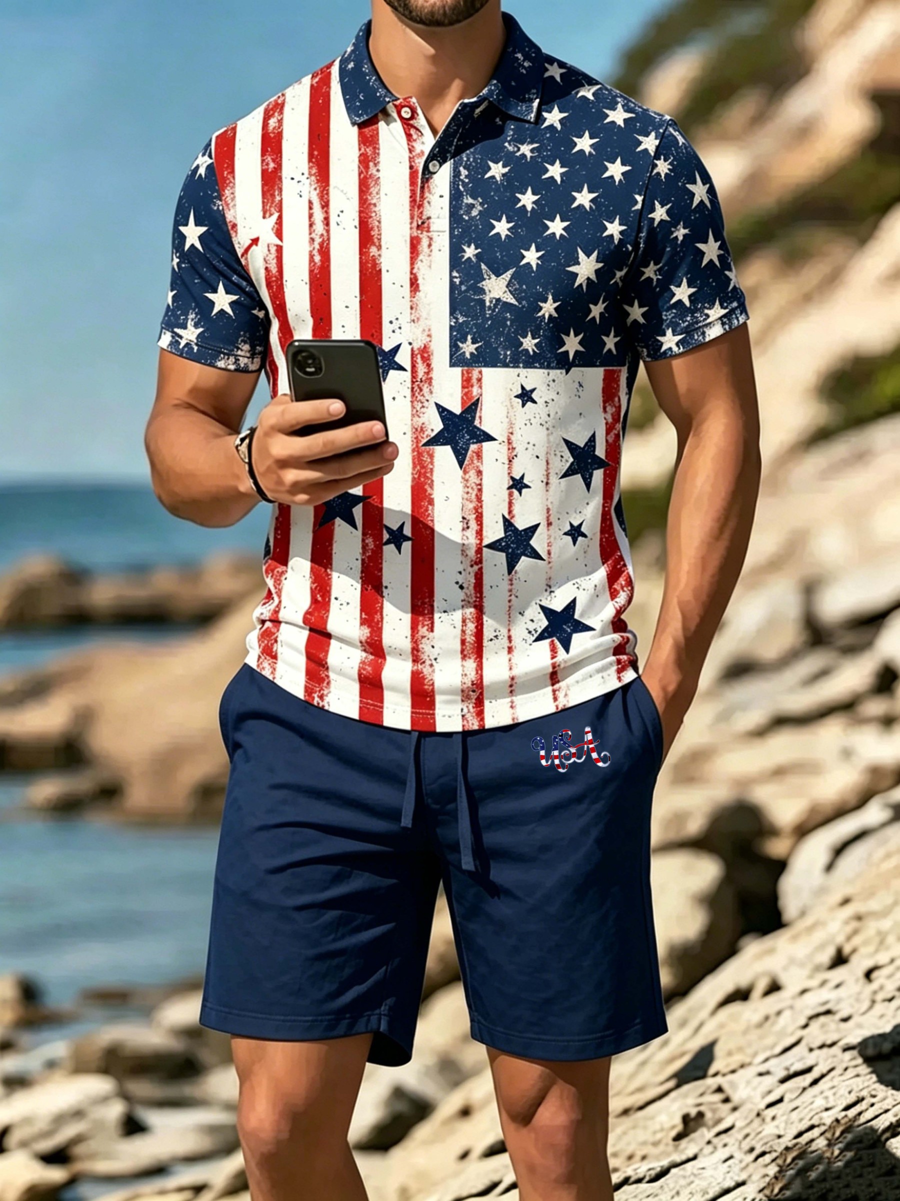 USA Vintage Star Print Casual 2-Piece Outfit