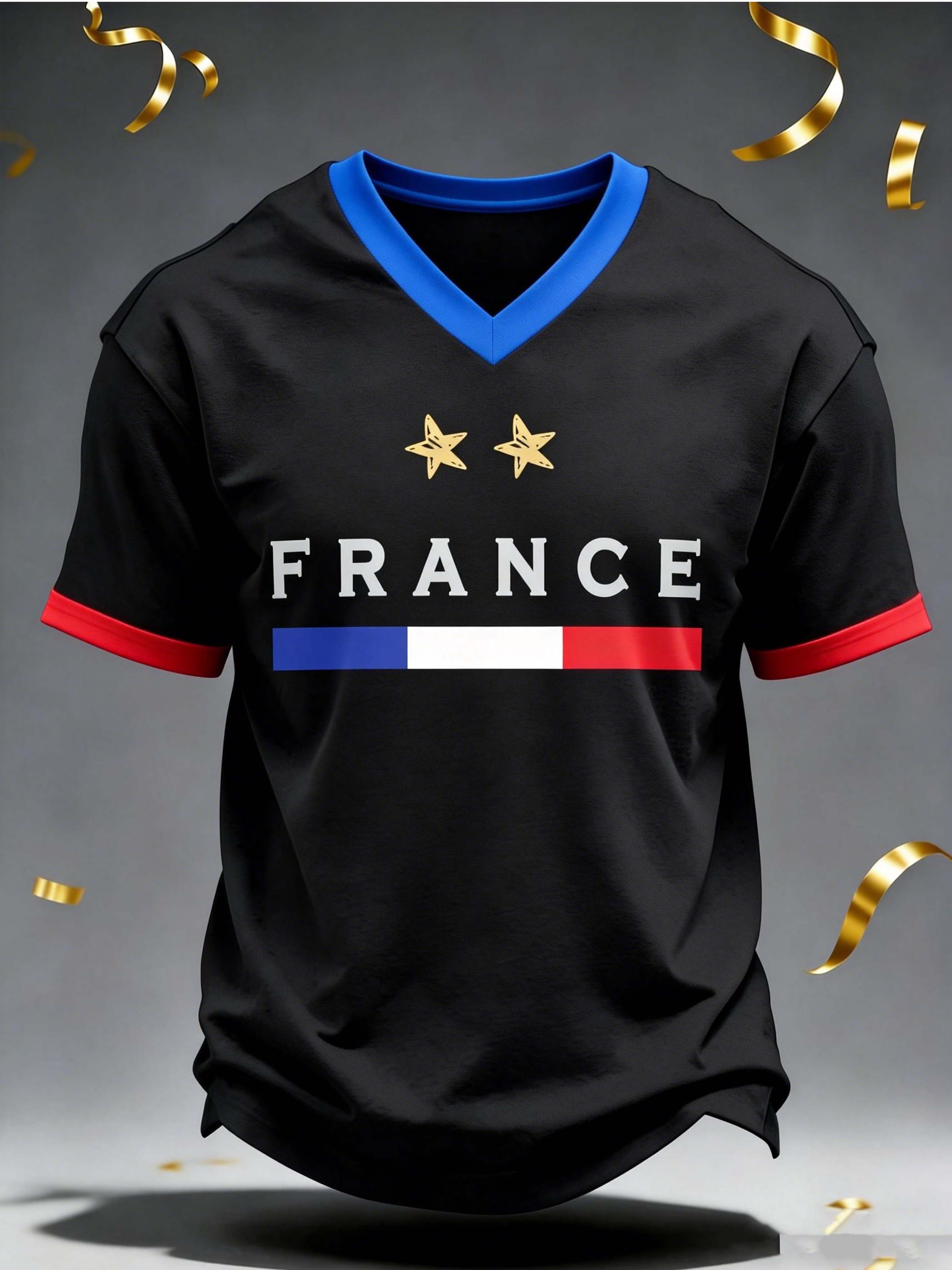 France 2-Star Flag V-Neck Casual Football T-Shirt