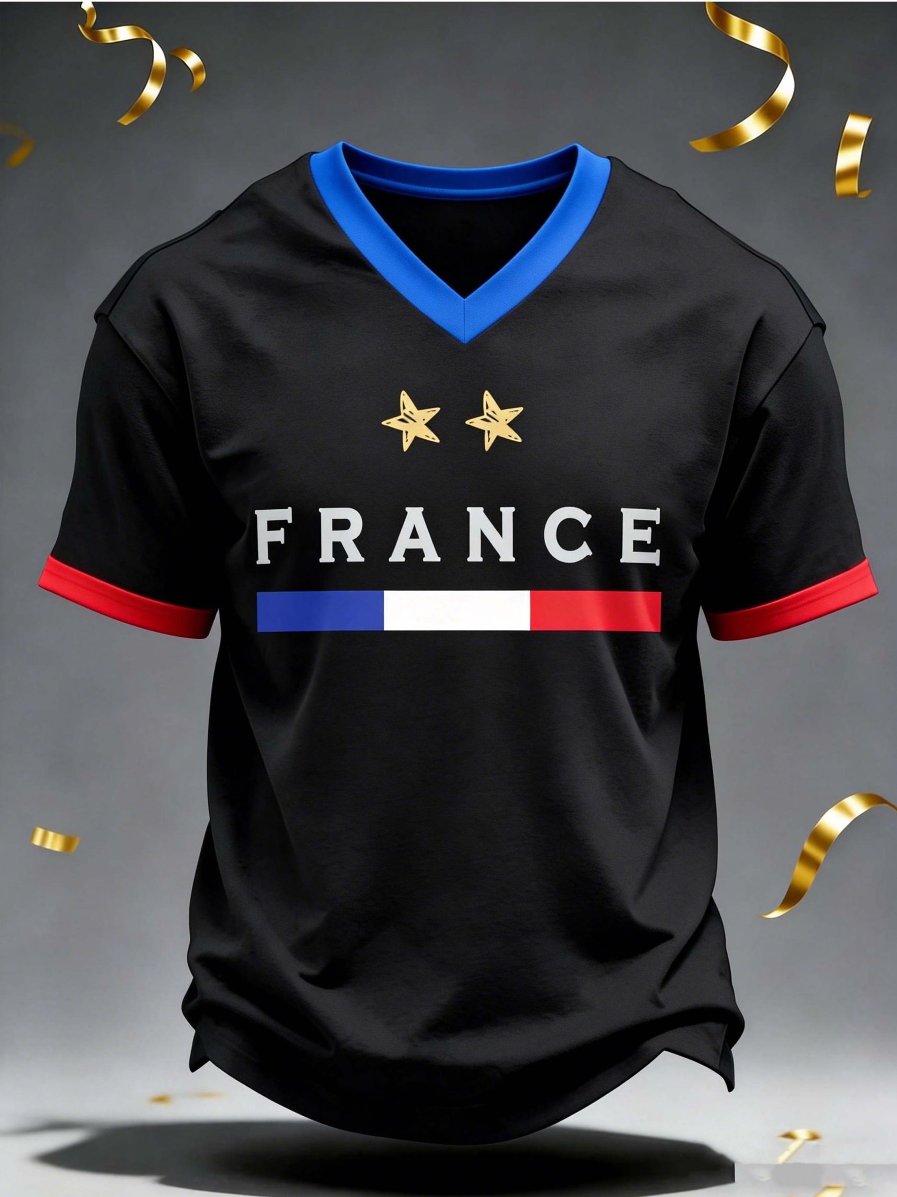 France 2-Star Flag V-Neck Casual Football T-Shirt