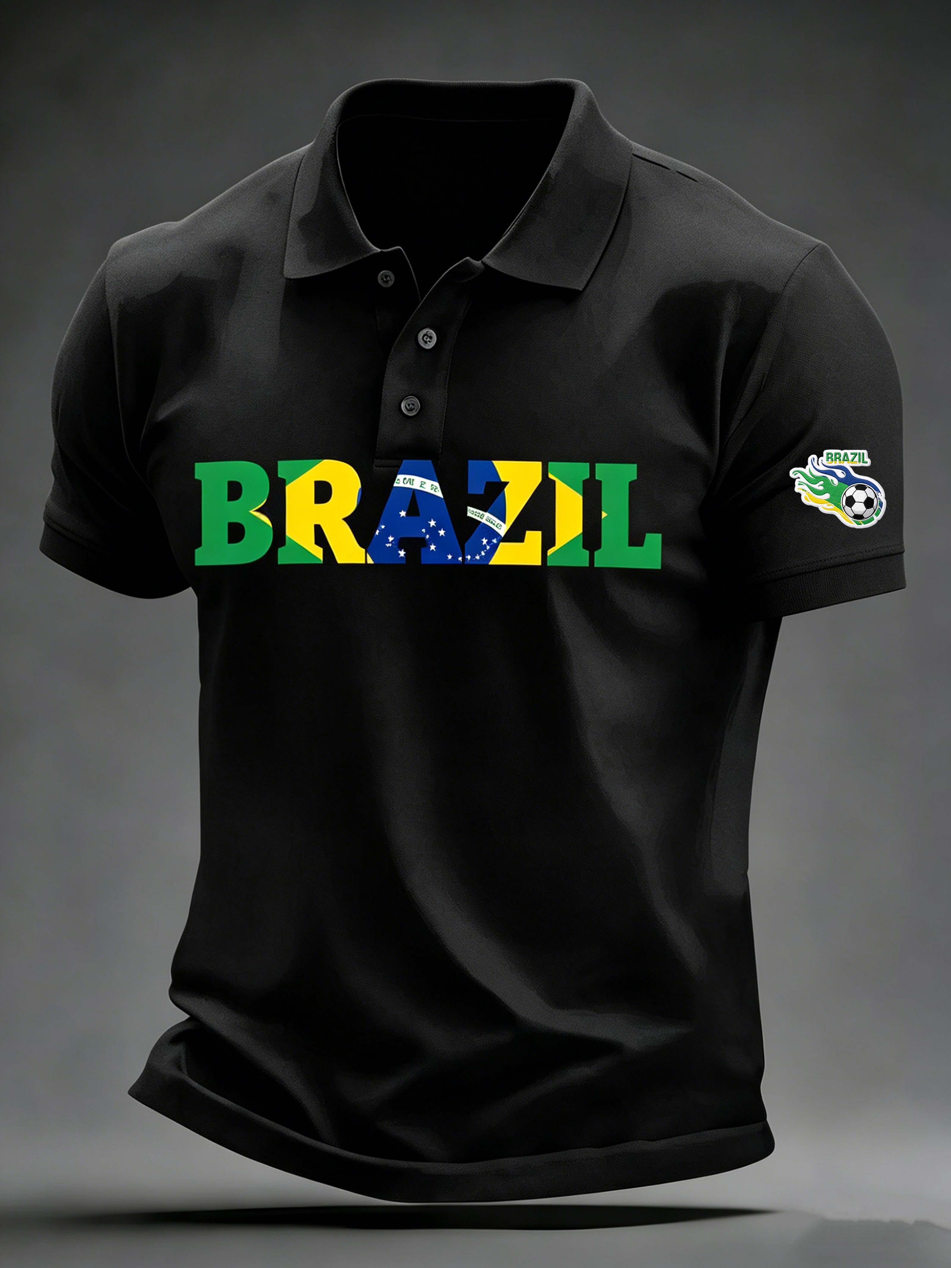 Brazil Flag Letter Print Collared Casual Polo Shirt