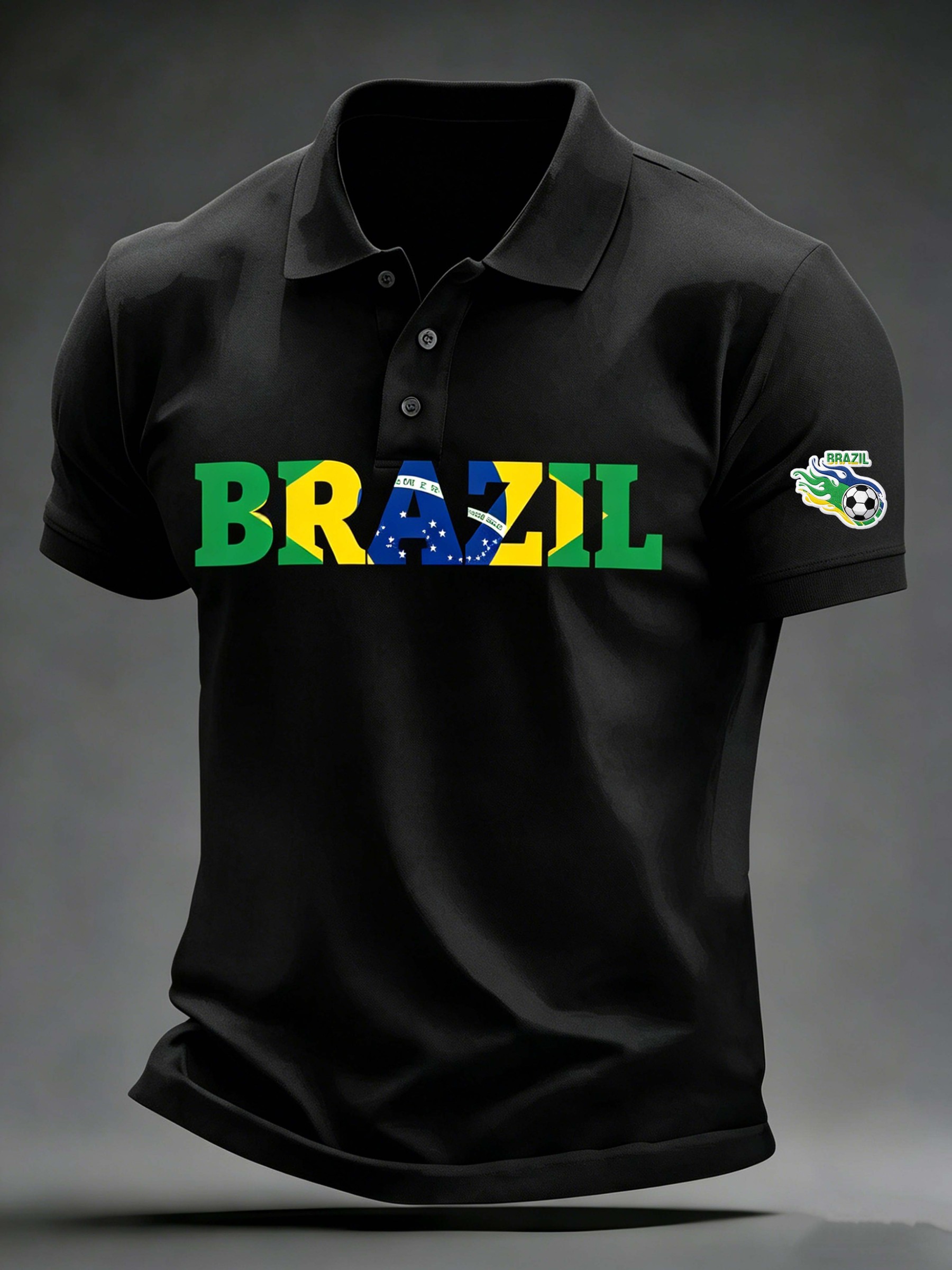 Brazil Flag Letter Print Collared Casual Polo Shirt