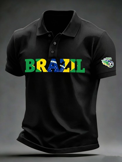 Brazil Flag Letter Print Collared Casual Polo Shirt