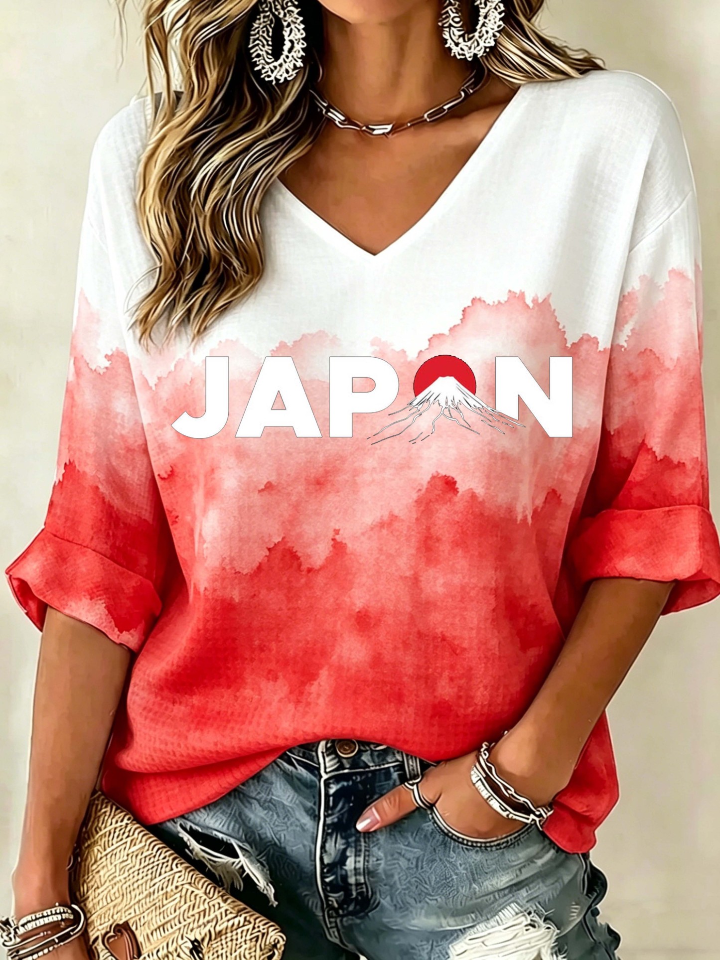 Japan Mount Fuji Print Chic Casual Blouse