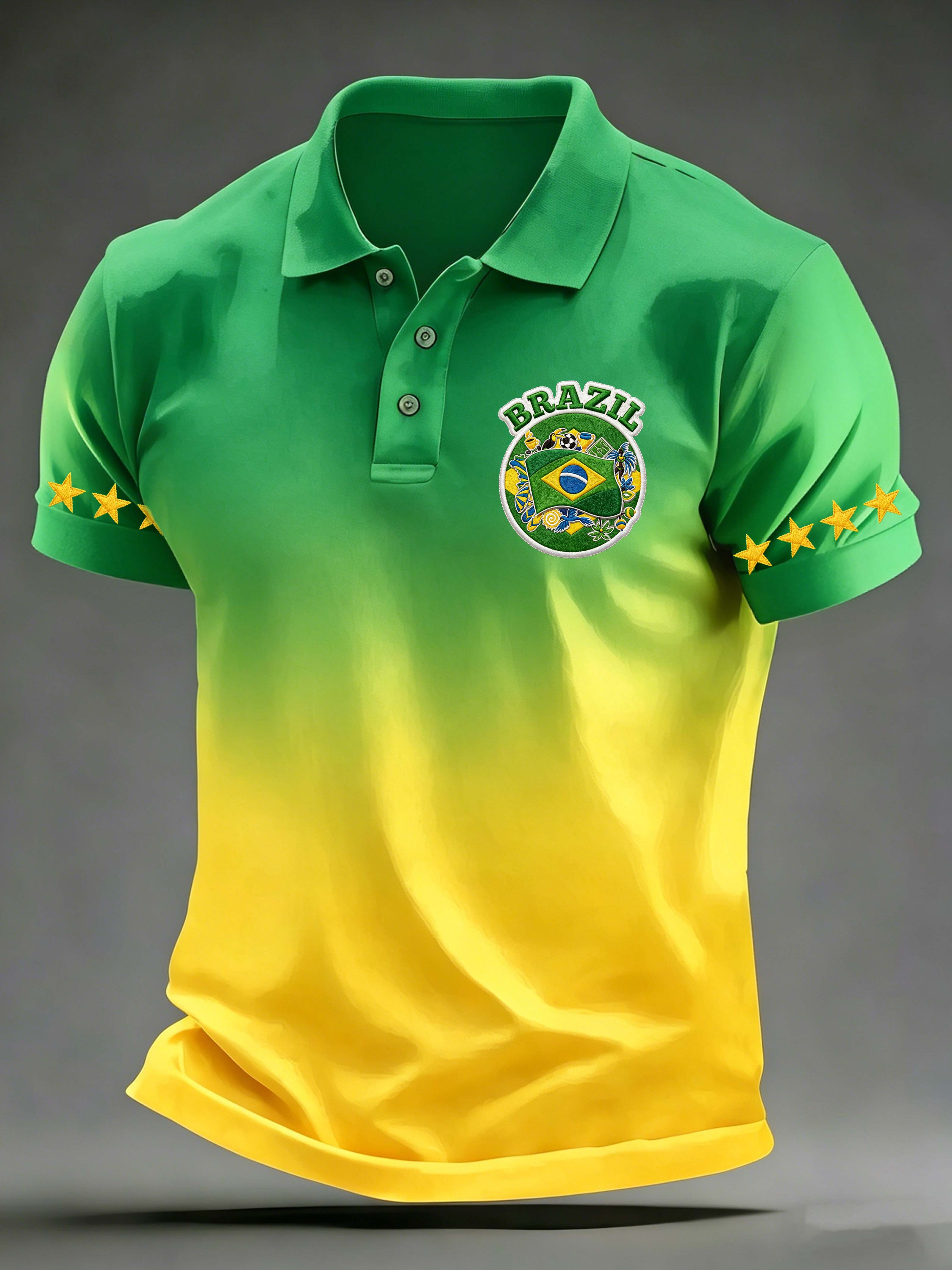 Brazil 5-Star Gradient Collared Football Themed Polo Shirt