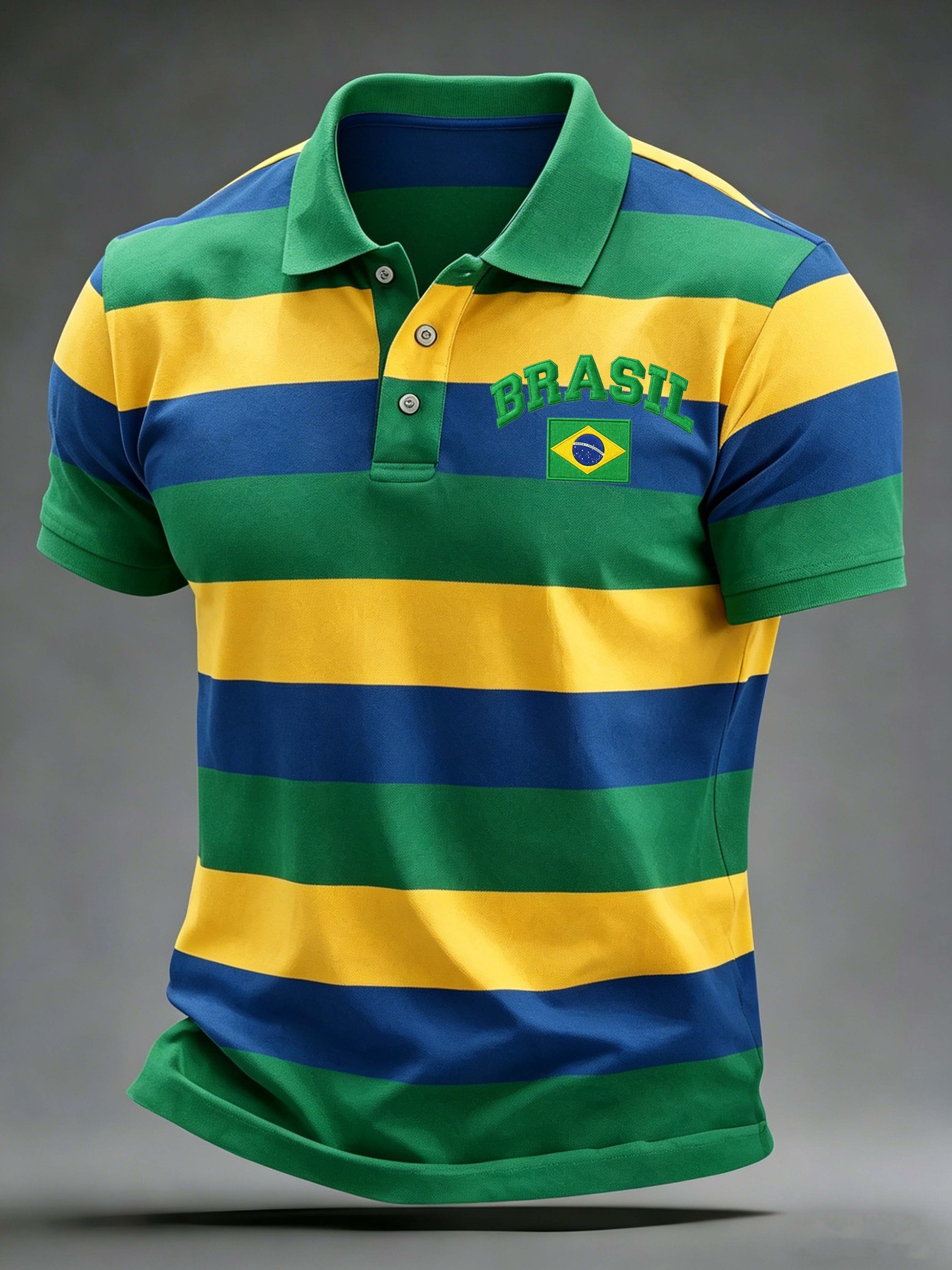 Brazil Stripe Letter Vintage Casual Collared Polo Shirt