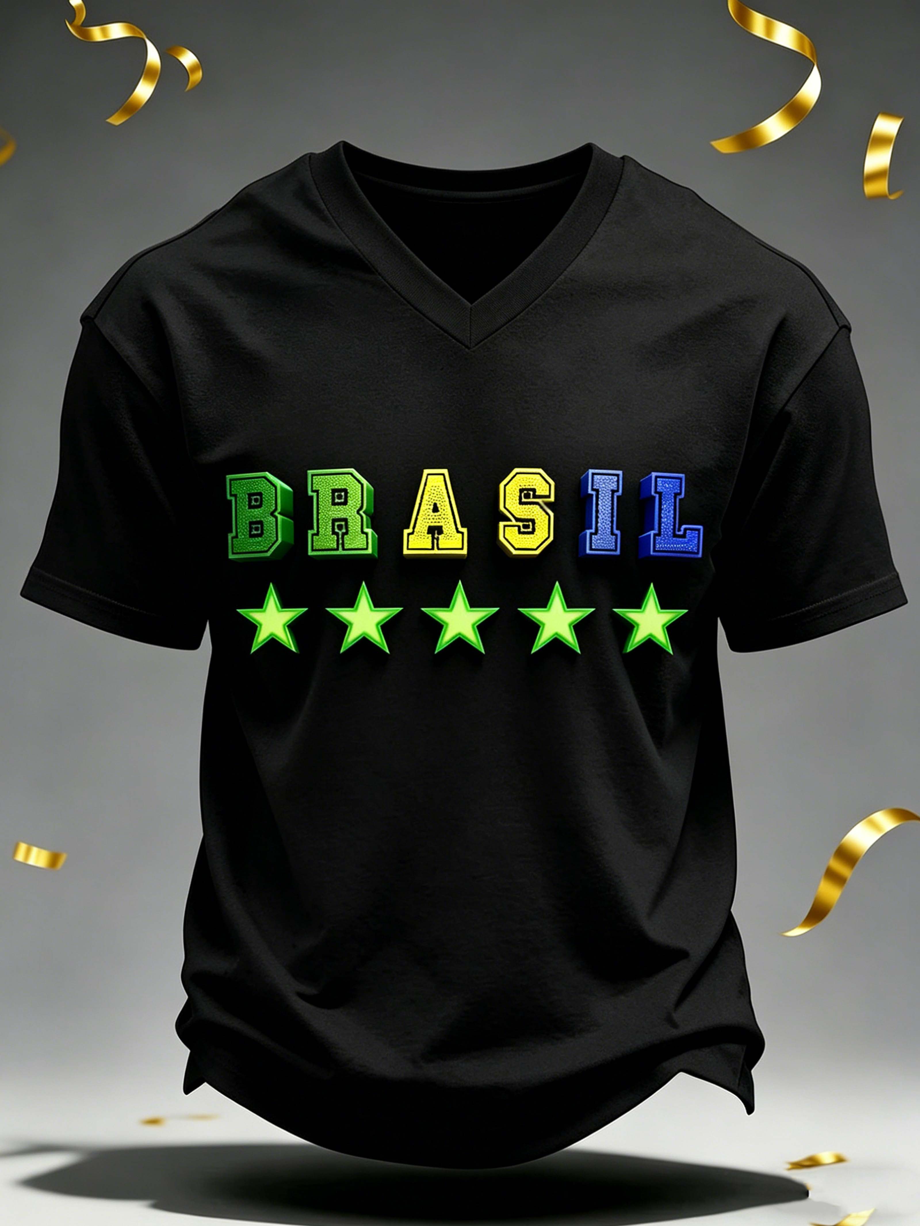 Brazil 5-Star Letter V-Neck Football Commemorative Casual T-Shirt