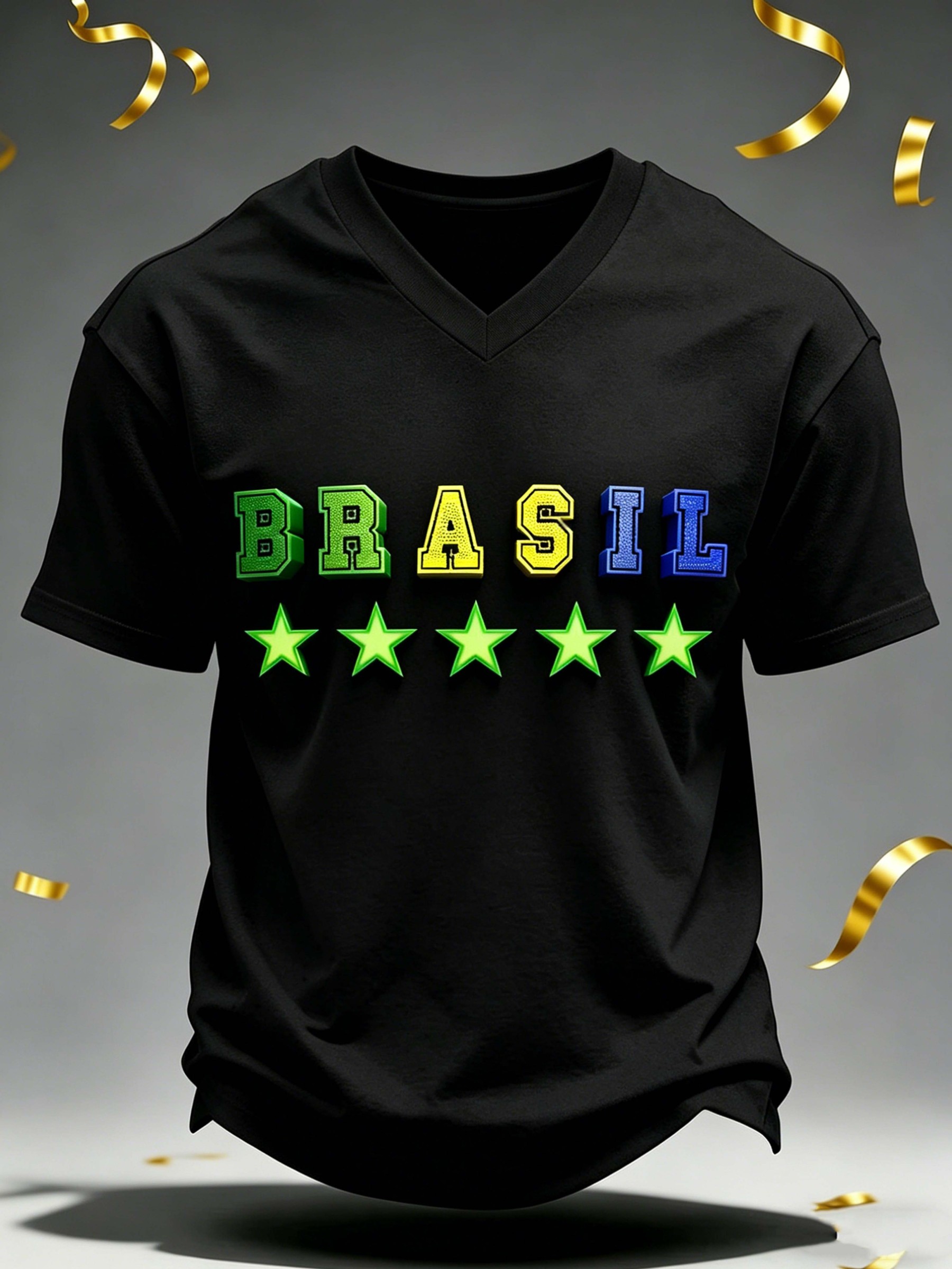 Brazil 5-Star Letter V-Neck Football Commemorative Casual T-Shirt