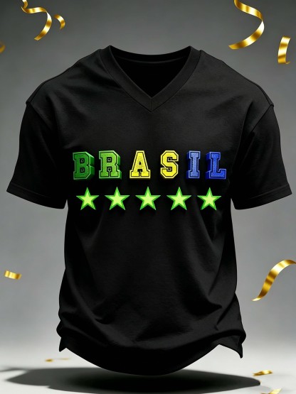 Brazil 5-Star Letter V-Neck Football Commemorative Casual T-Shirt