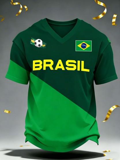 Brazil Letter Flag  Color-Block V-Neck Football Casual T-Shirt