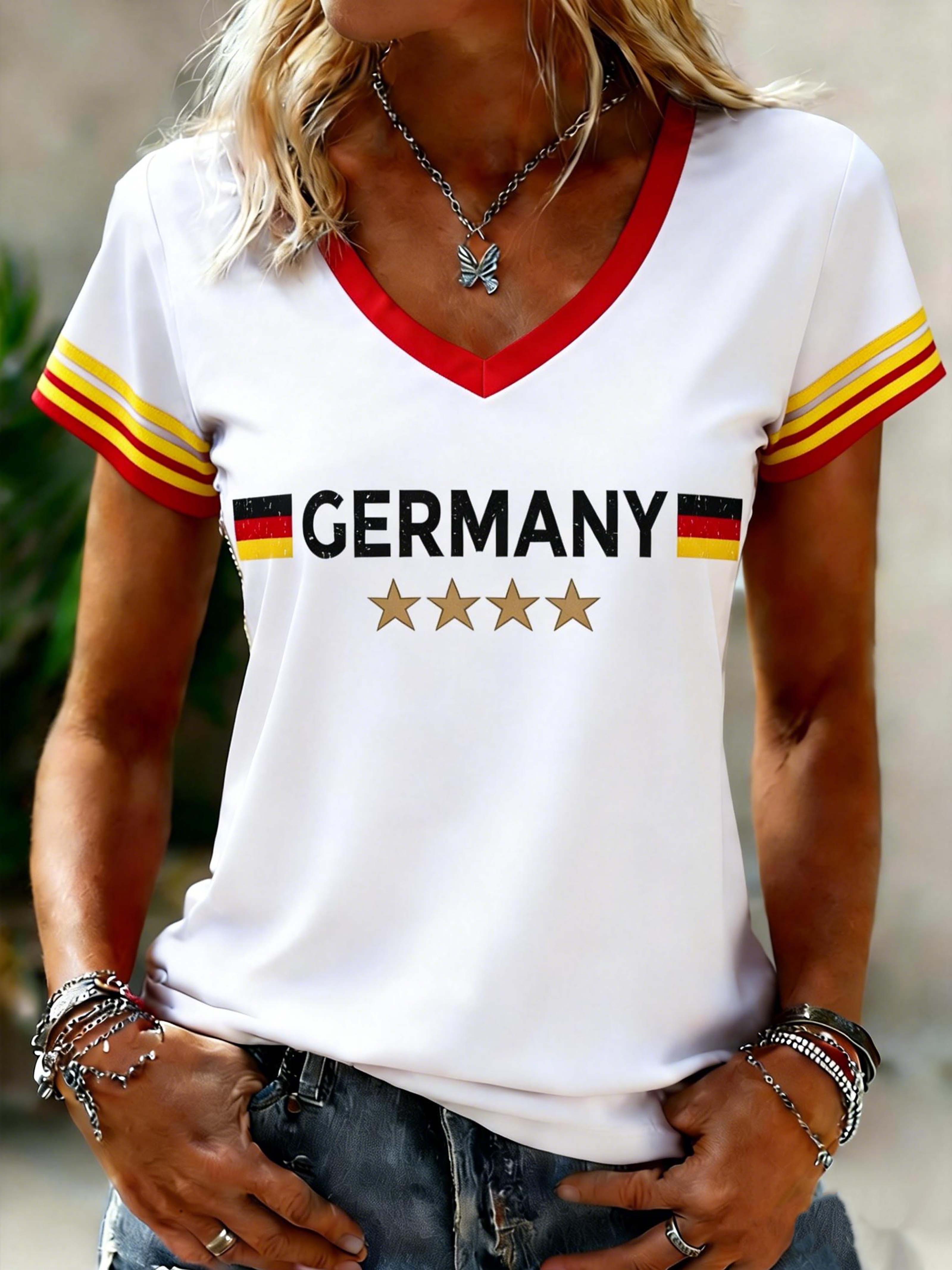 Germany 4-Star Flag Women's V-Neck Stripe Sleeve Casual T-Shirt