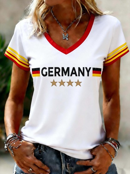Germany 4-Star Flag Women's V-Neck Stripe Sleeve Casual T-Shirt
