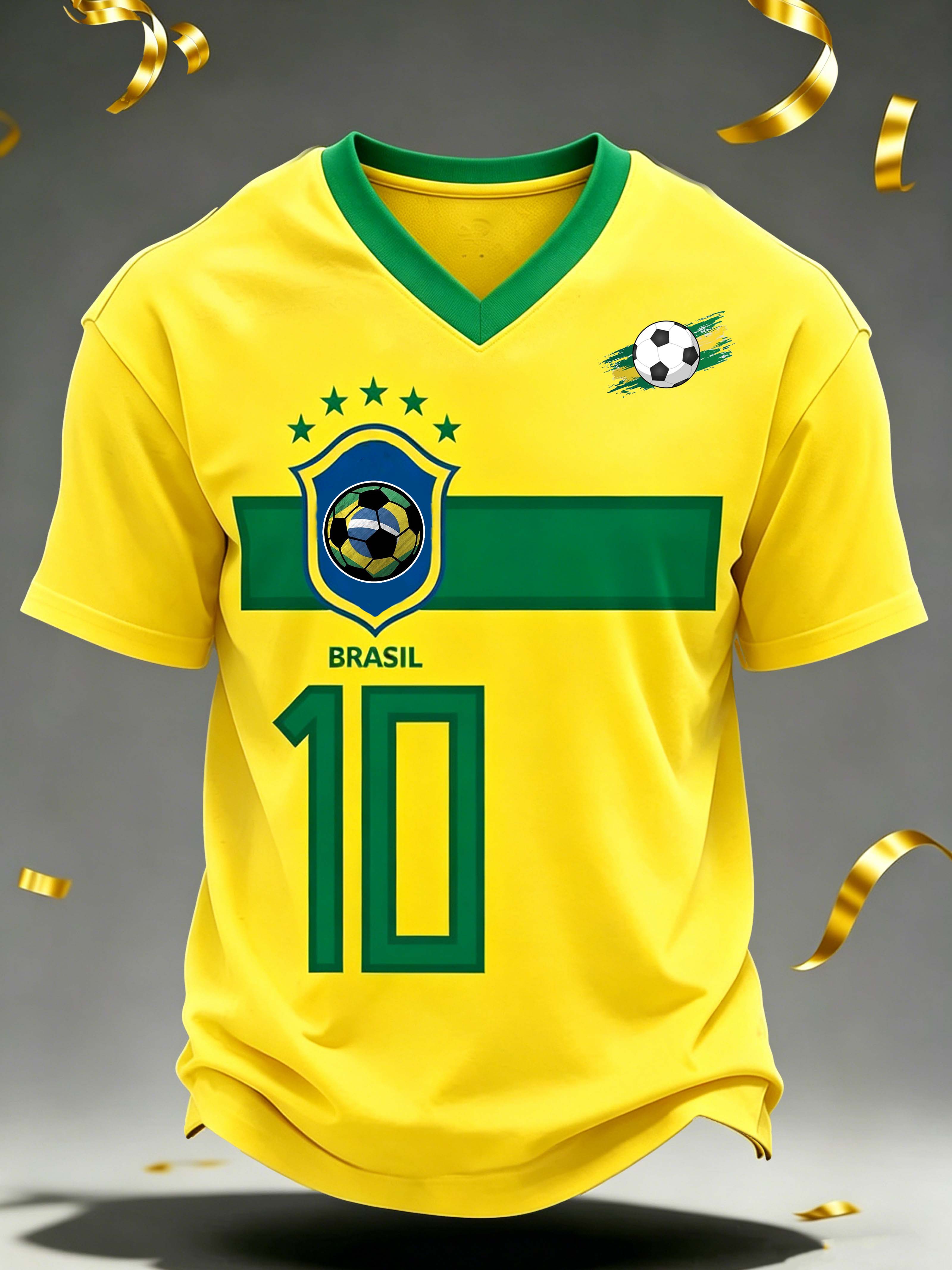 Brazil No.10 5-Star Badge Football Themed V-Neck Casual T-Shirt