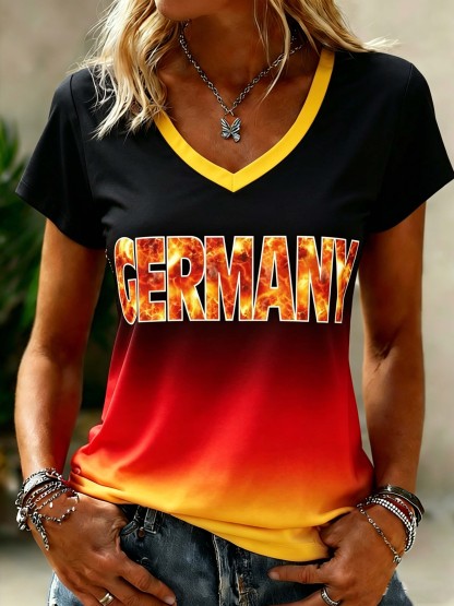 Germany Flame Letter Women's V-Neck Gradient Casual T-Shirt