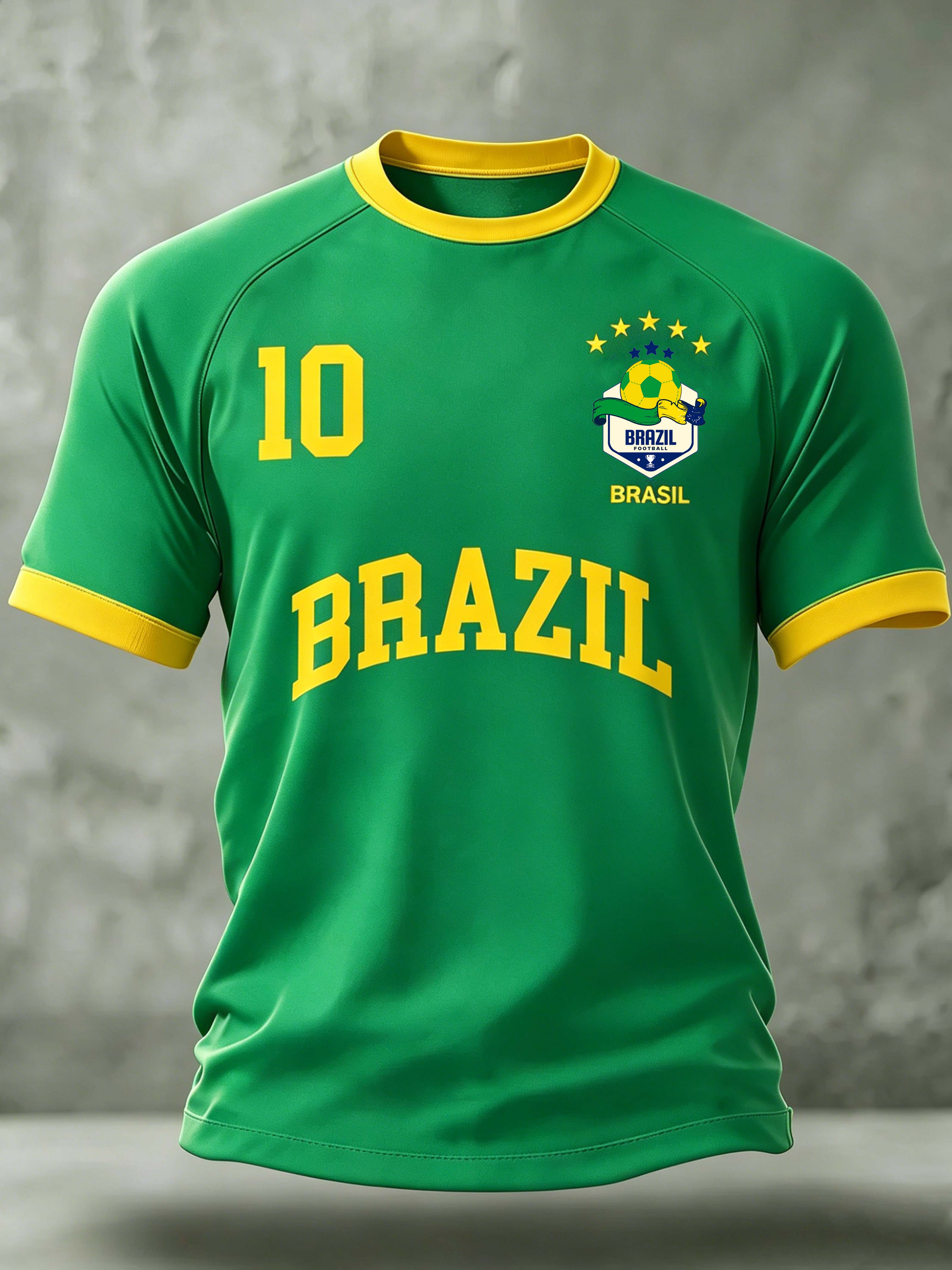 Brazil No.10 Letter Badge Football Themed Crew Neck Casual T-Shirt