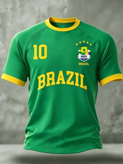 Brazil No.10 Letter Badge Football Themed Crew Neck Casual T-Shirt