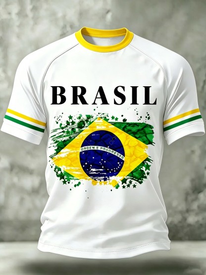Brazil Flag Splash Letter Stripe Sleeve Casual Short Sleeve Top
