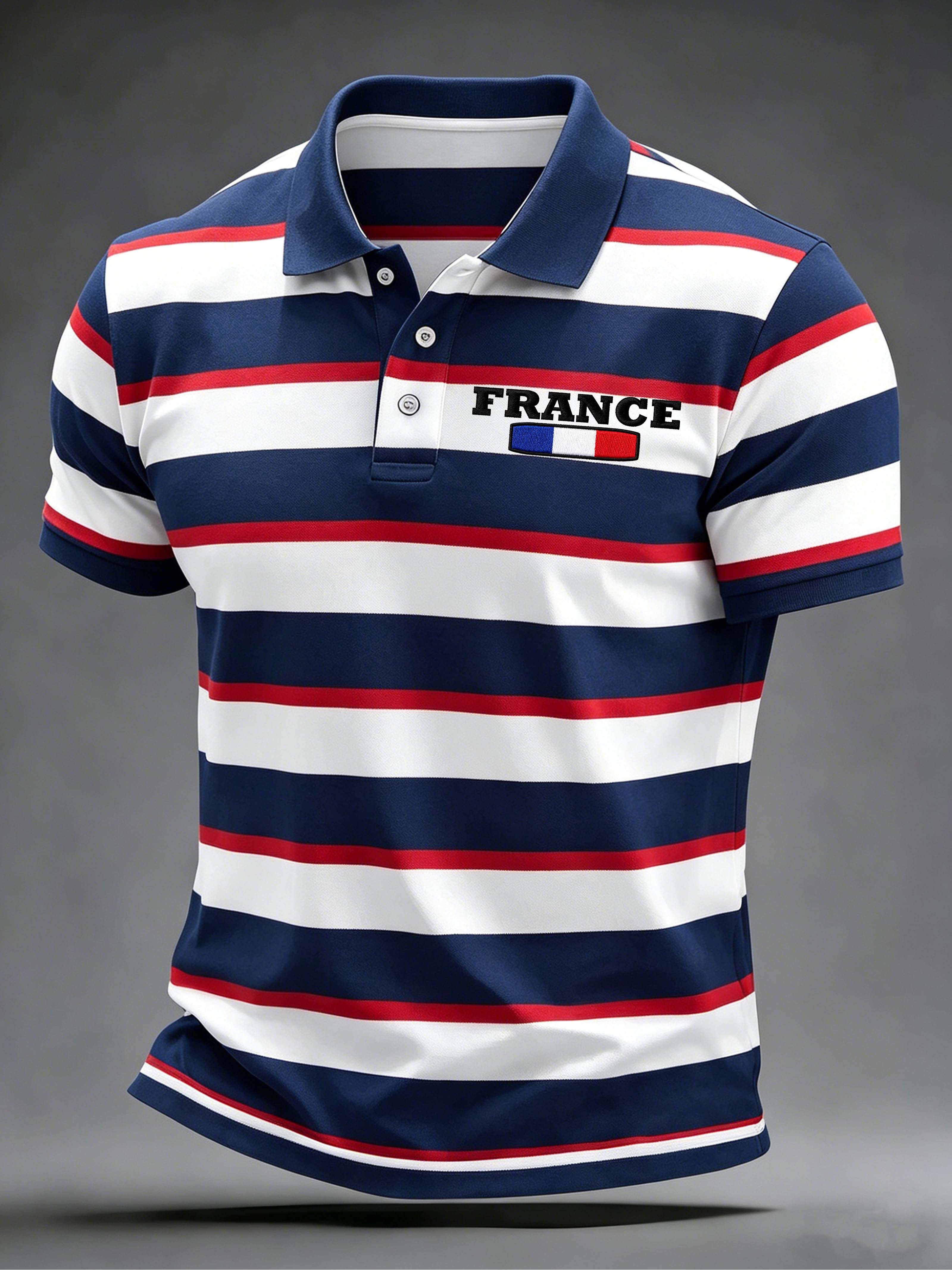 France Flag Letter Stripe Collared Casual Polo Shirt