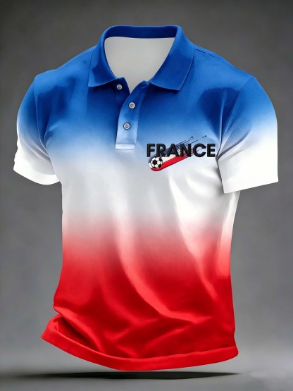 France Gradient Letter Football Themed Collared Polo Shirt