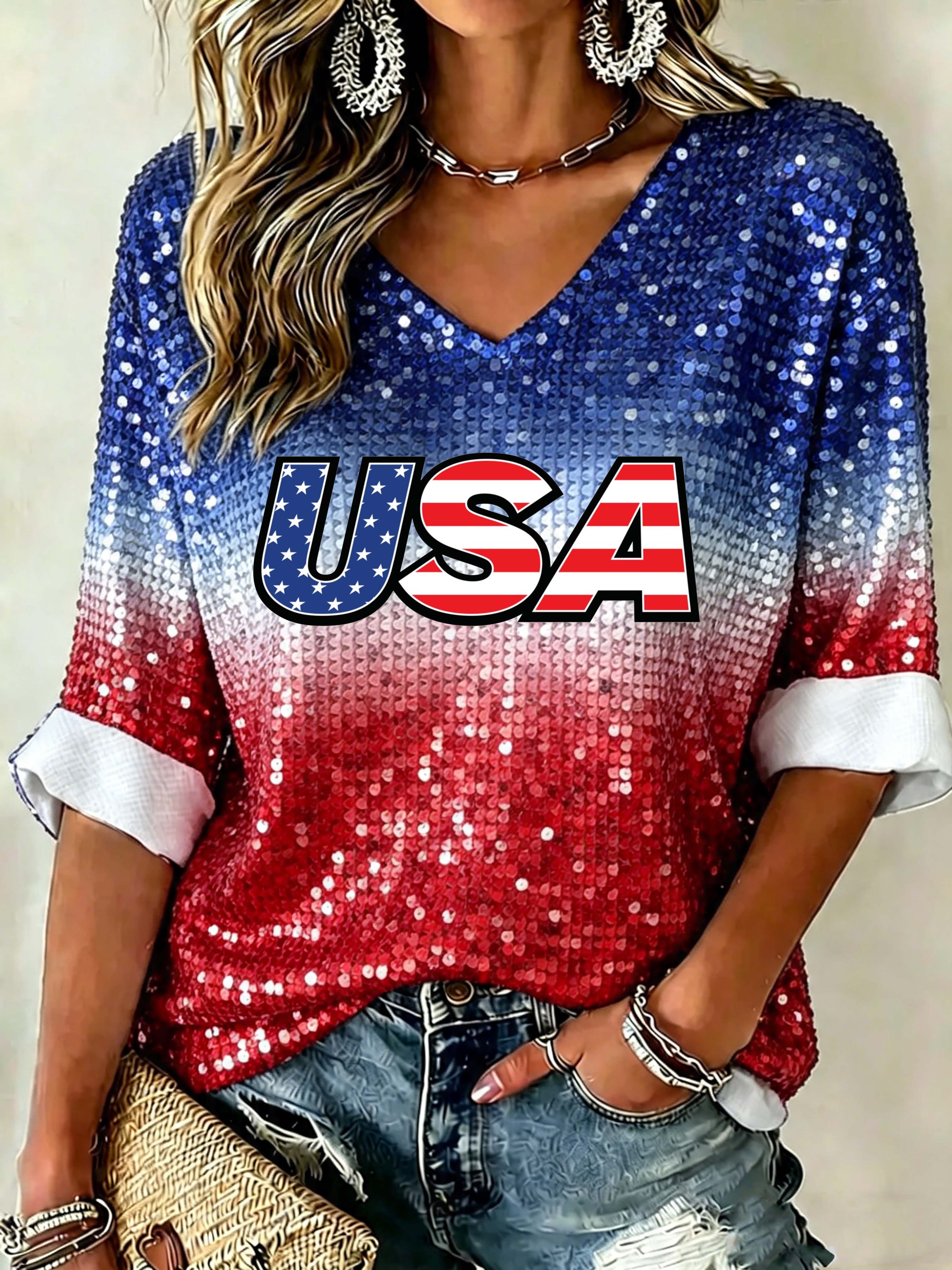 USA Flag Letter Sequin Effect Top