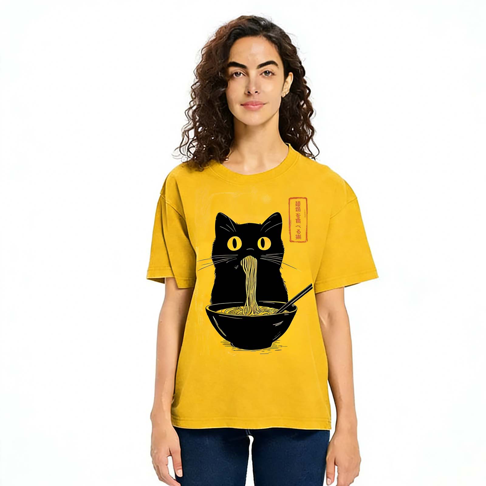 Japanese Ramen Black Cat Vintage Washed Crew Neck Short Sleeve T-Shirt
