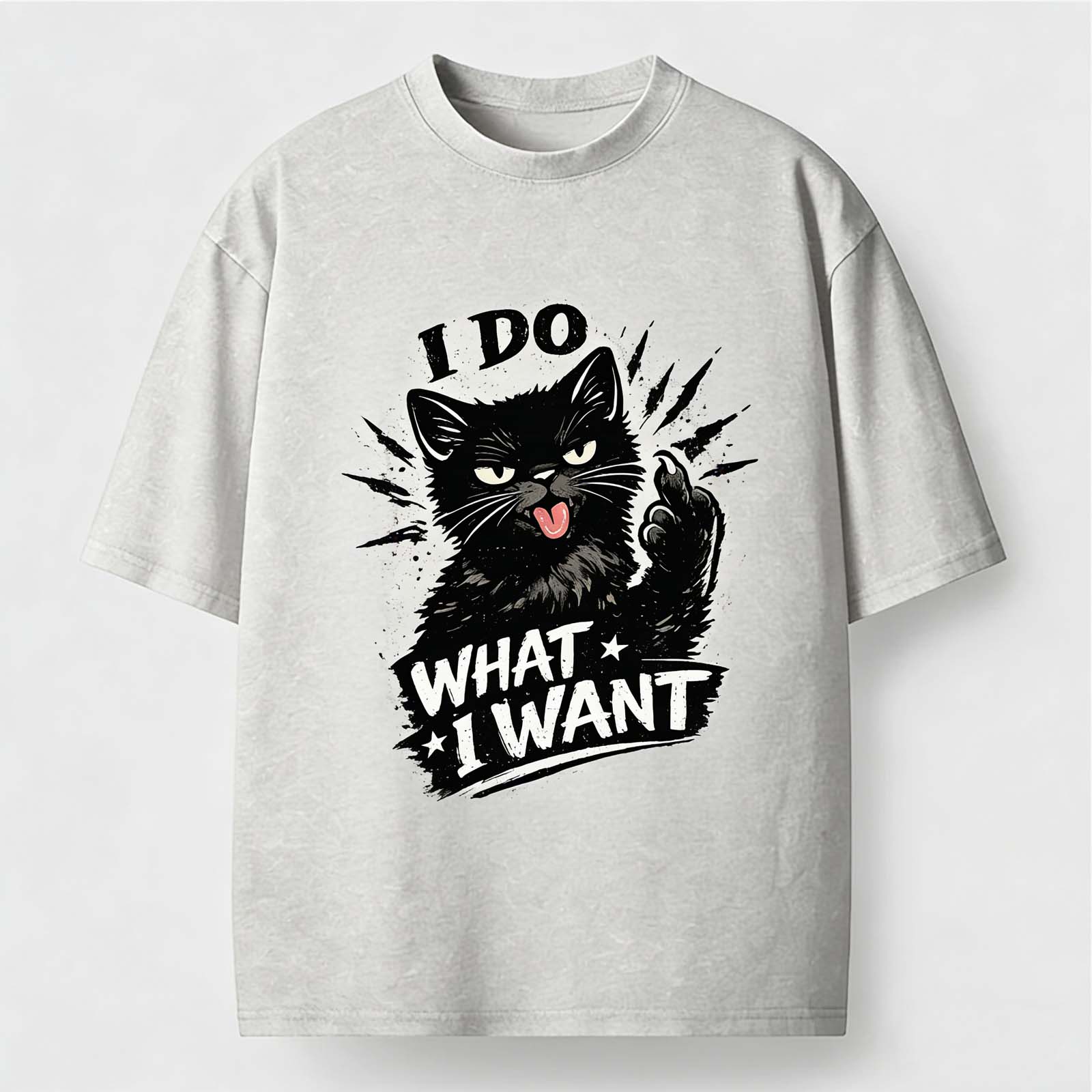Rebellious Black Cat I Do What I Want Vintage Washed Crew Neck Short Sleeve T-Shirt