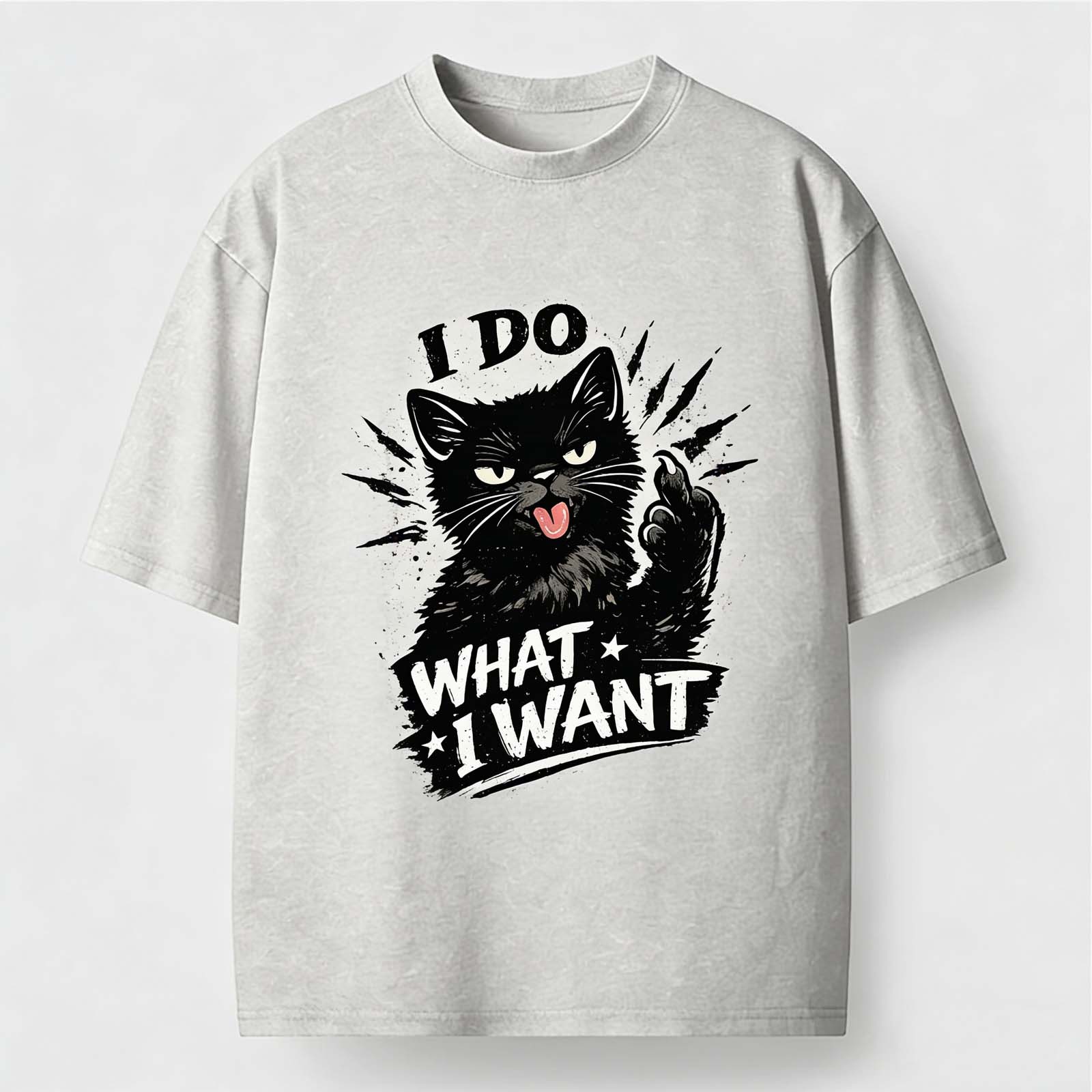 Rebellious Black Cat I Do What I Want Vintage Washed Crew Neck Short Sleeve T-Shirt