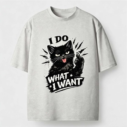 Rebellious Black Cat I Do What I Want Vintage Washed Crew Neck Short Sleeve T-Shirt