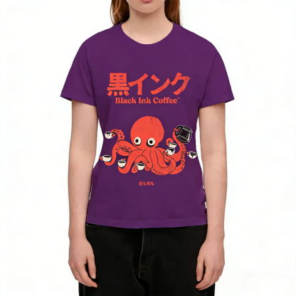 Octopus Coffee Japanese Funny Vintage Washed Crew Neck T-Shirt