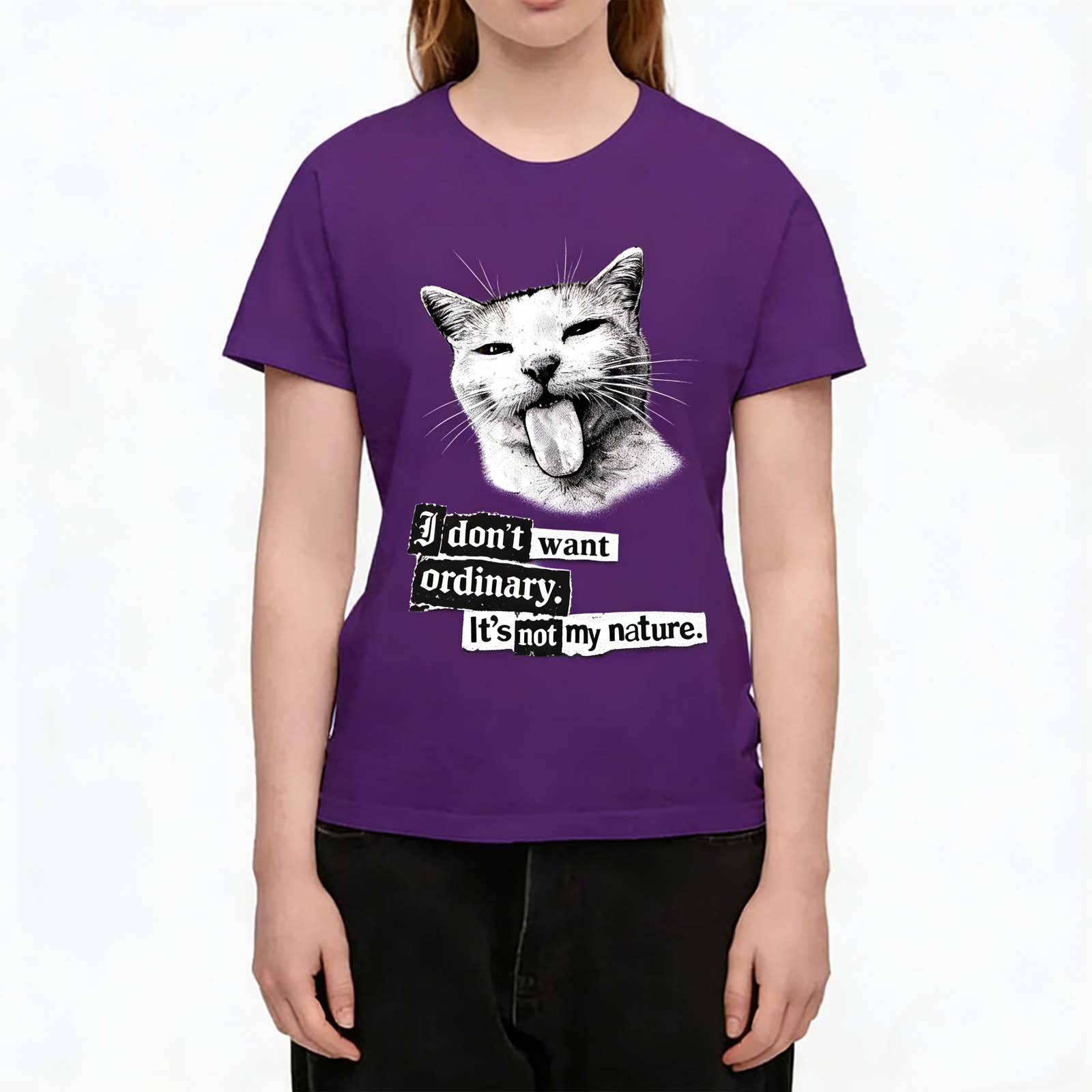Rebellious Tongue-Out Cat Reject Ordinary Quote Crew Neck T-Shirt