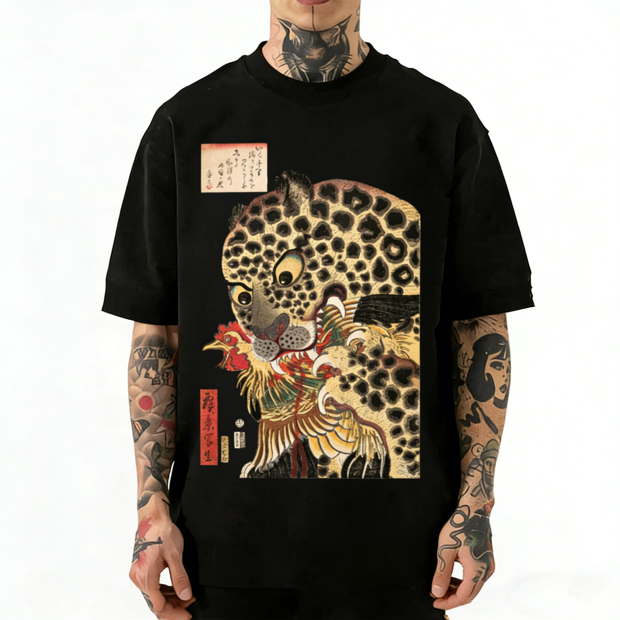 Ukiyo-e Leopard Hunting Japanese Vintage Washed Loose T-Shirt