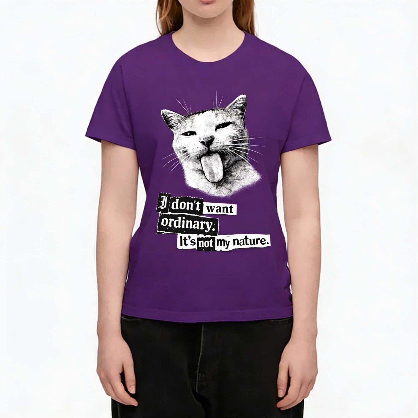 Rebellious Tongue-Out Cat Reject Ordinary Quote Crew Neck T-Shirt