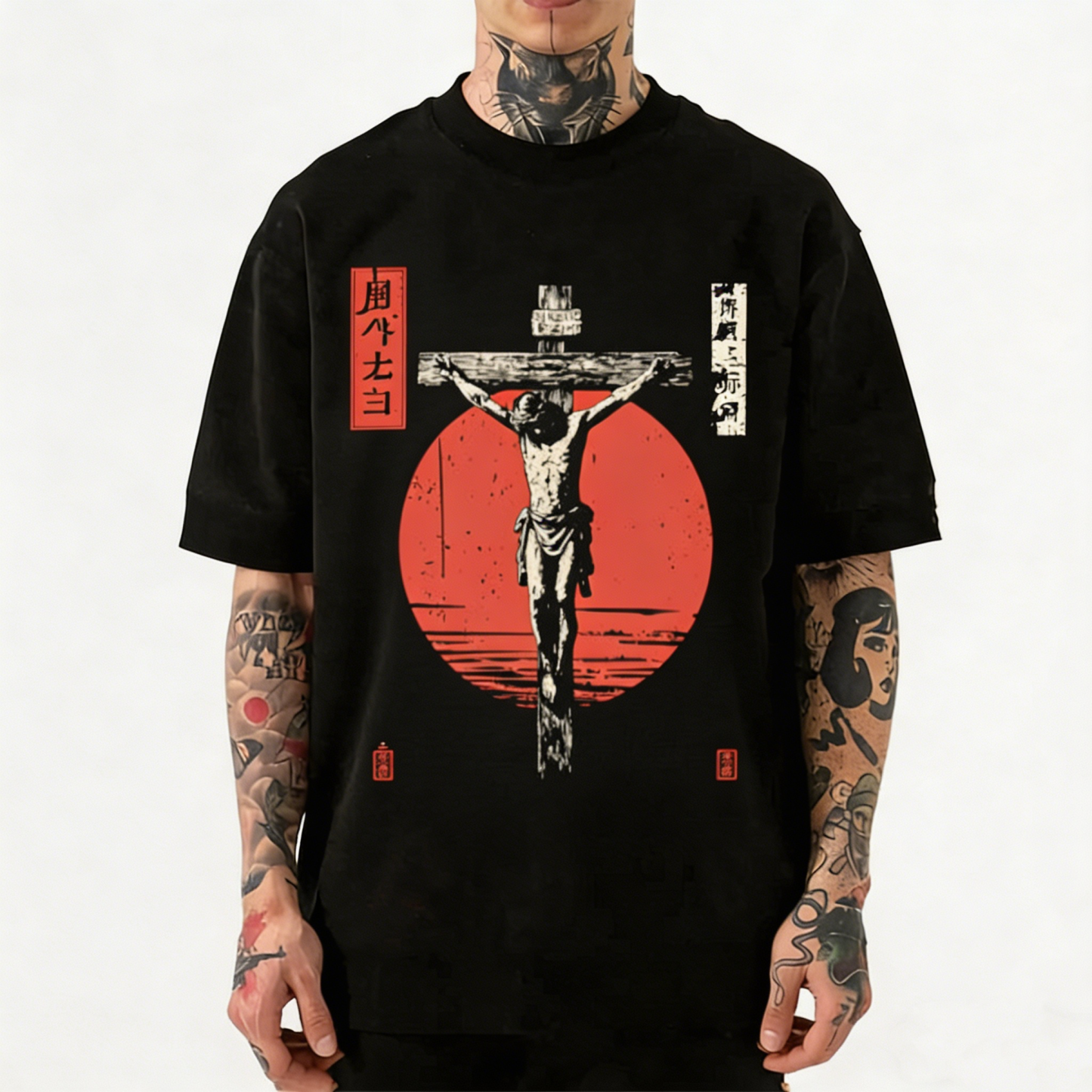 Japanese Style Crucifixion Jesus Vintage Washed Crew Neck T-Shirt